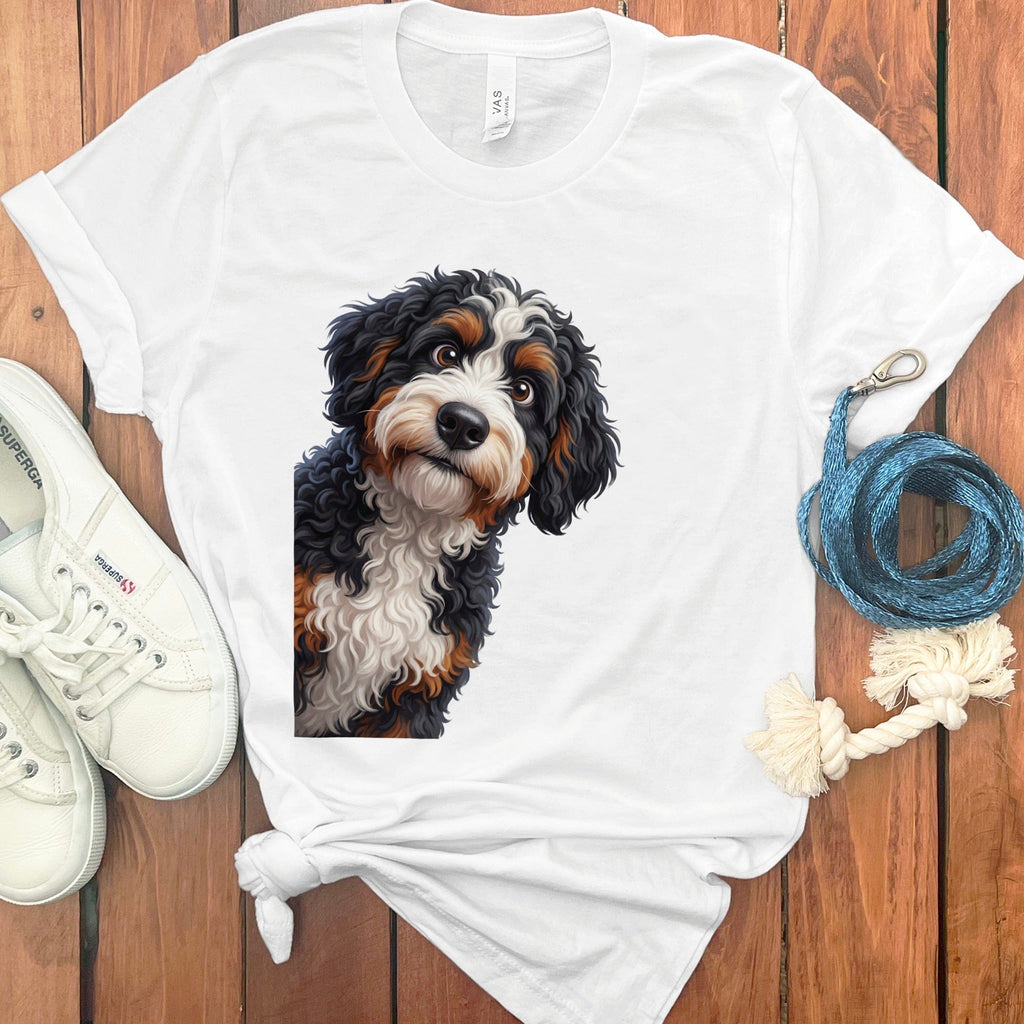 Funny Peeking Bernedoodle T-Shirt in White / S by Puppy Jo