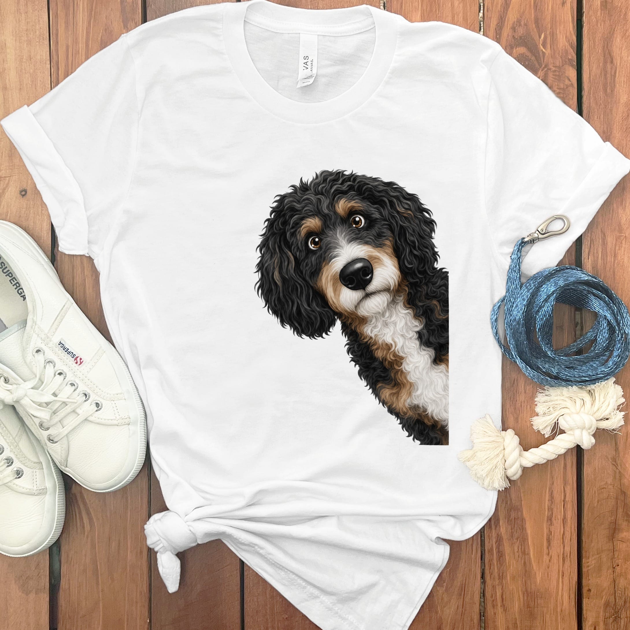 Funny Peeking Bernedoodle T-Shirt in White / S by Puppy Jo