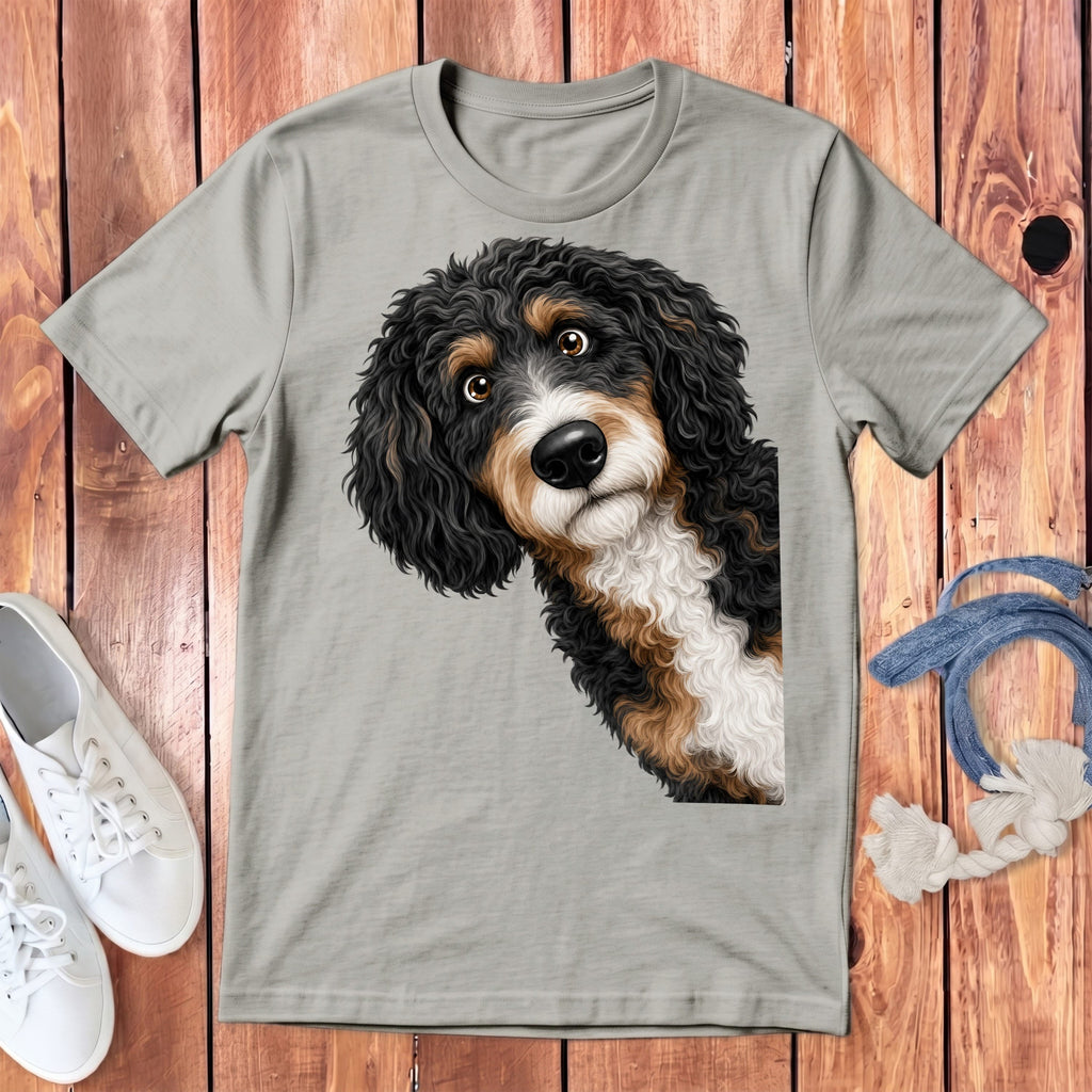 Funny Peeking Bernedoodle Youth T-Shirt in Athletic Heather / S by Puppy Jo