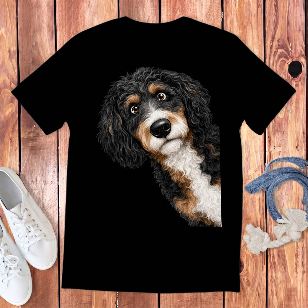 Funny Peeking Bernedoodle Youth T-Shirt in Black / S by Puppy Jo