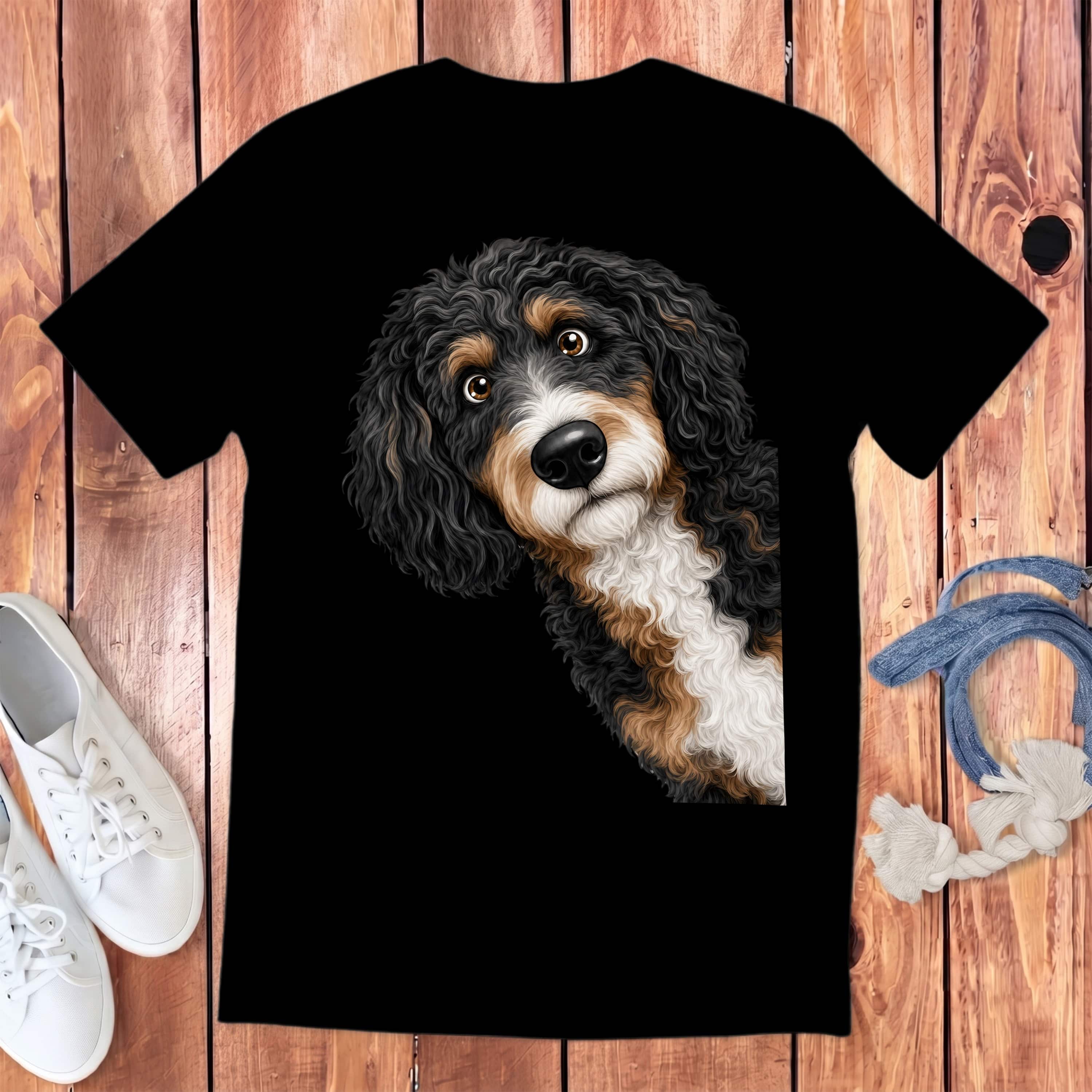 Funny Peeking Bernedoodle Youth T-Shirt in Black / S by Puppy Jo
