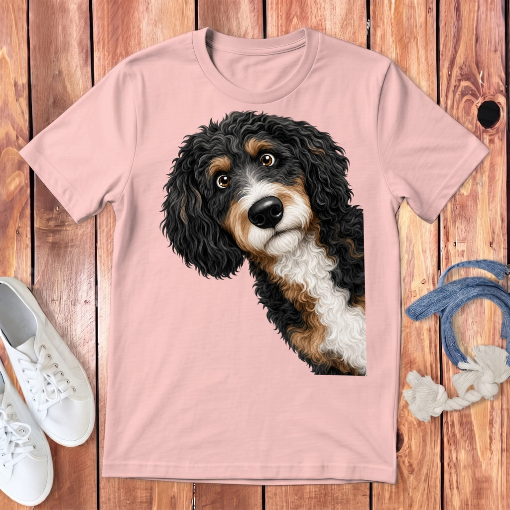 Funny Peeking Bernedoodle Youth T-Shirt in Pink / S by Puppy Jo