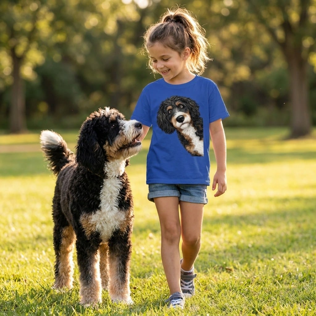 Funny Peeking Bernedoodle Youth T-Shirt in by Puppy Jo