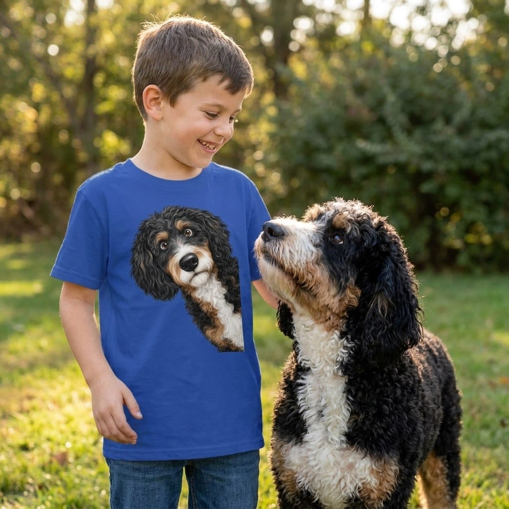 Funny Peeking Bernedoodle Youth T-Shirt in by Puppy Jo