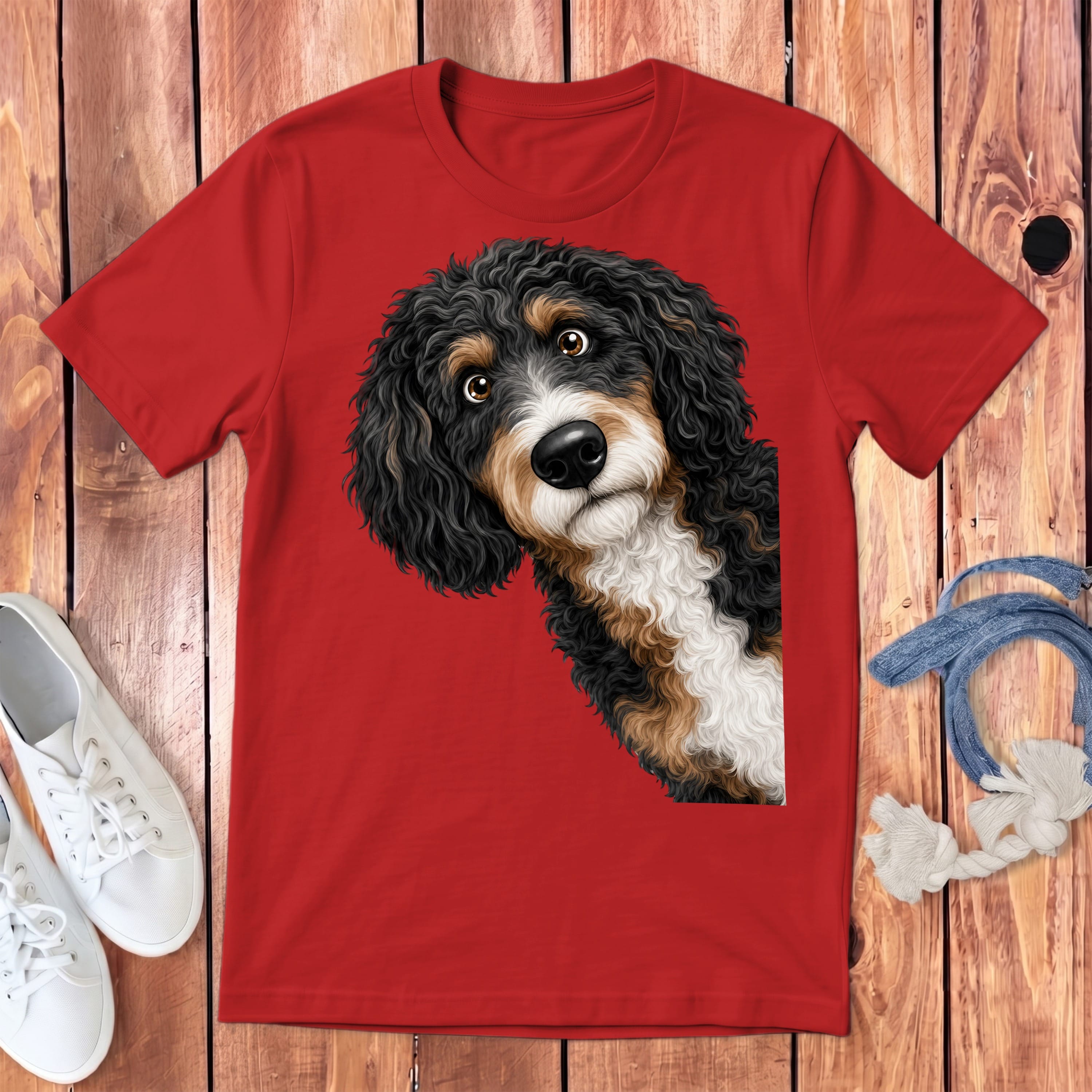 Funny Peeking Bernedoodle Youth T-Shirt in Red / S by Puppy Jo