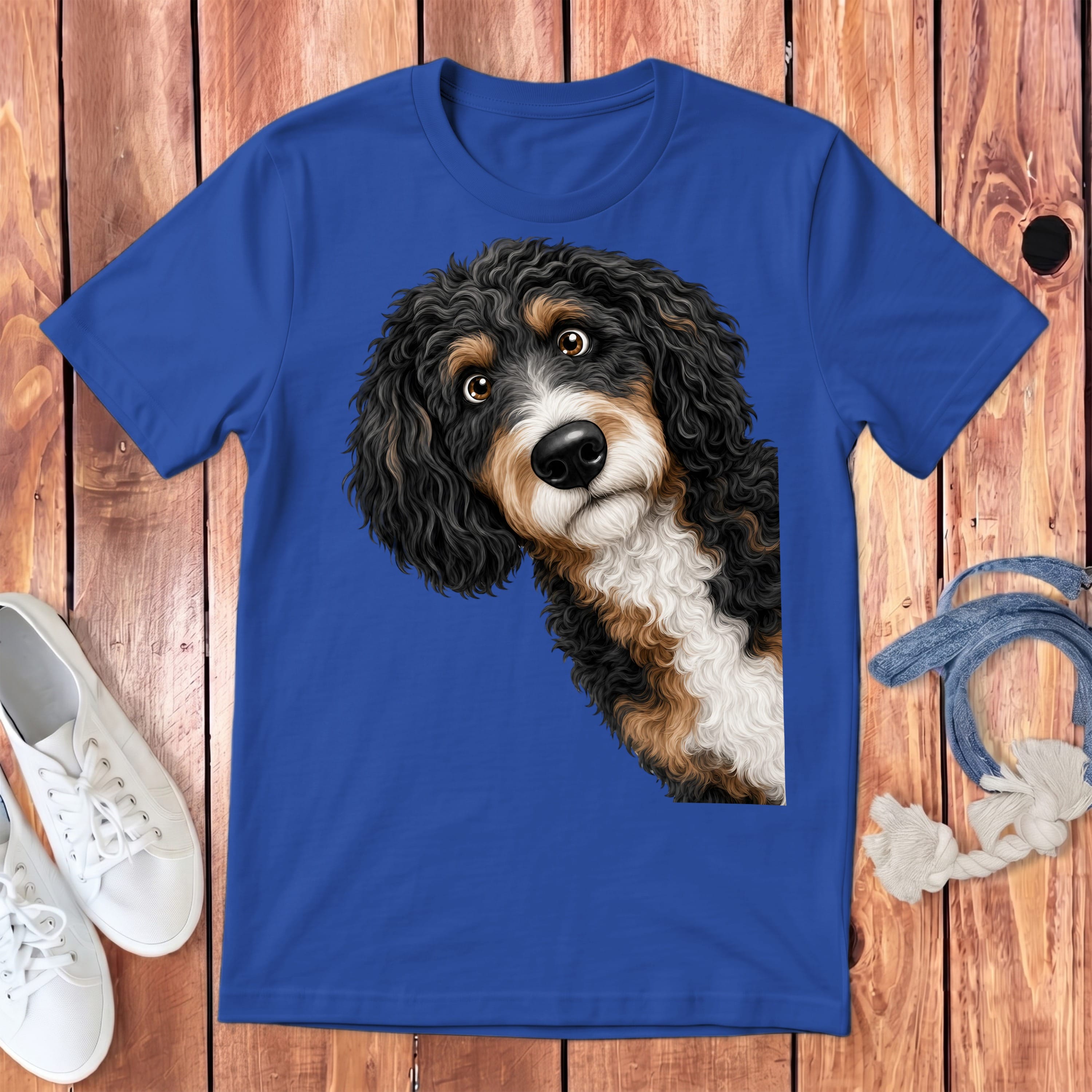 Funny Peeking Bernedoodle Youth T-Shirt in True Royal / S by Puppy Jo