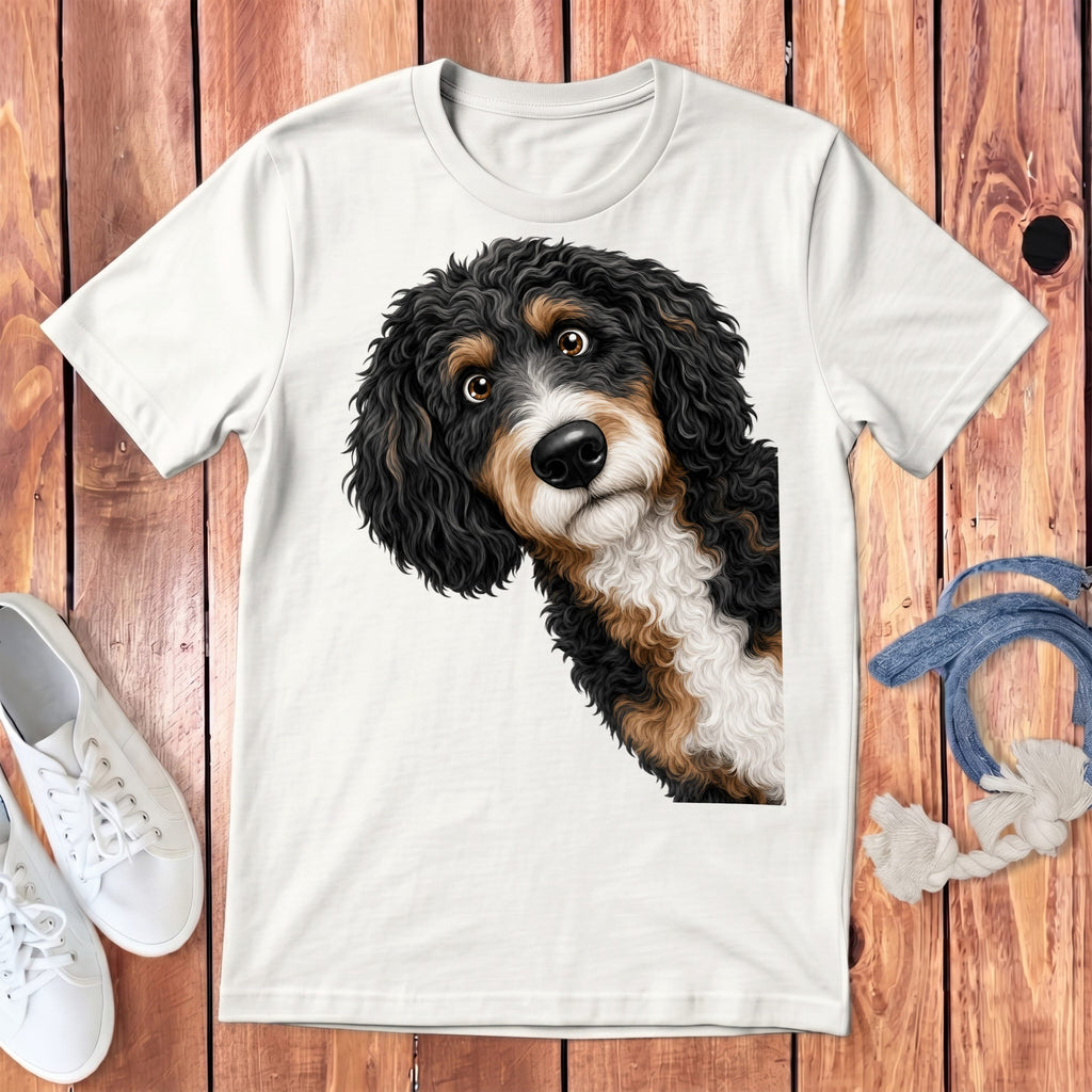 Funny Peeking Bernedoodle Youth T-Shirt in White / S by Puppy Jo