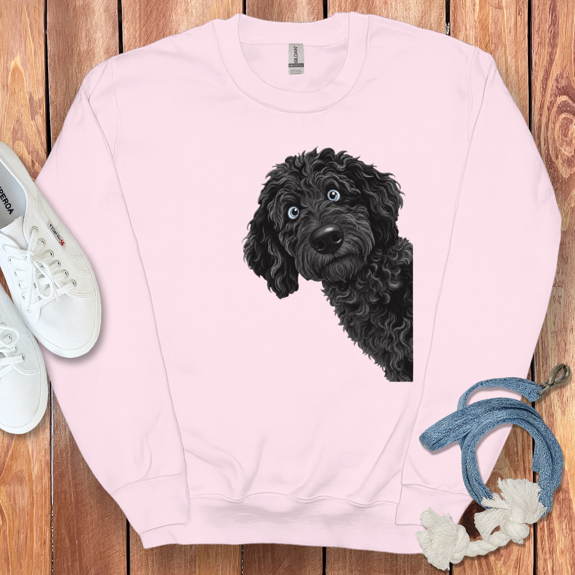 Funny Peeking Black-Blue Eyed Goldendoodle Sweatshirt in Light Pink / S by Puppy Jo