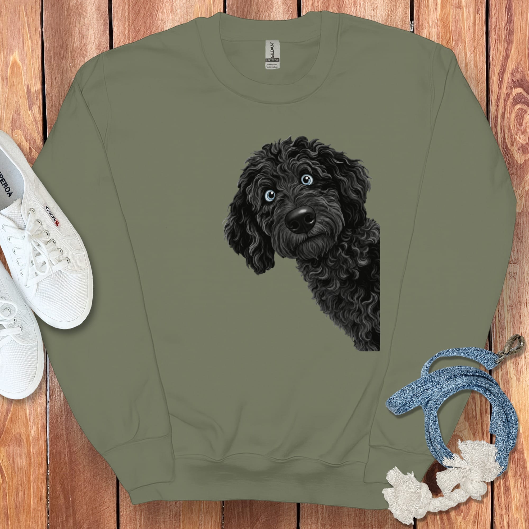 Funny Peeking Black-Blue Eyed Goldendoodle Sweatshirt in Military Green / S by Puppy Jo