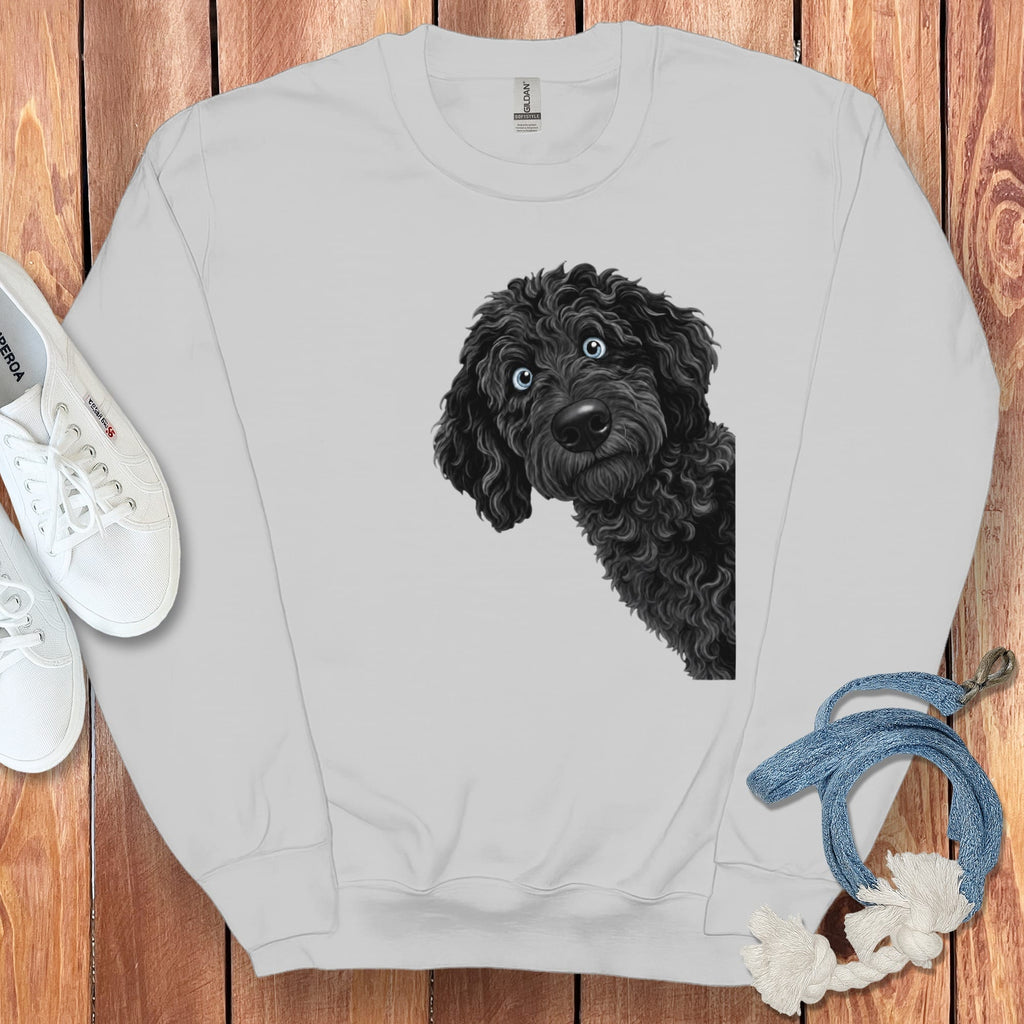 Funny Peeking Black-Blue Eyed Goldendoodle Sweatshirt in by Puppy Jo