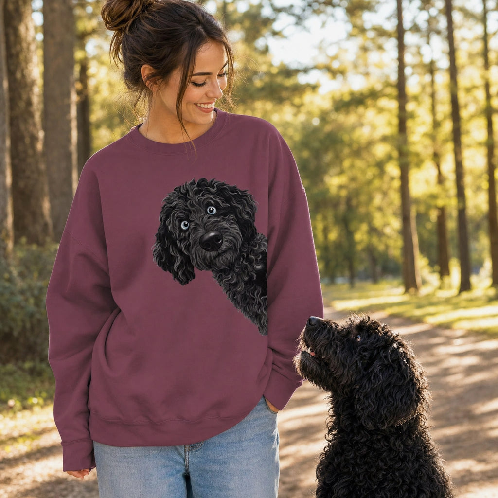 Funny Peeking Black-Blue Eyed Goldendoodle Sweatshirt in by Puppy Jo