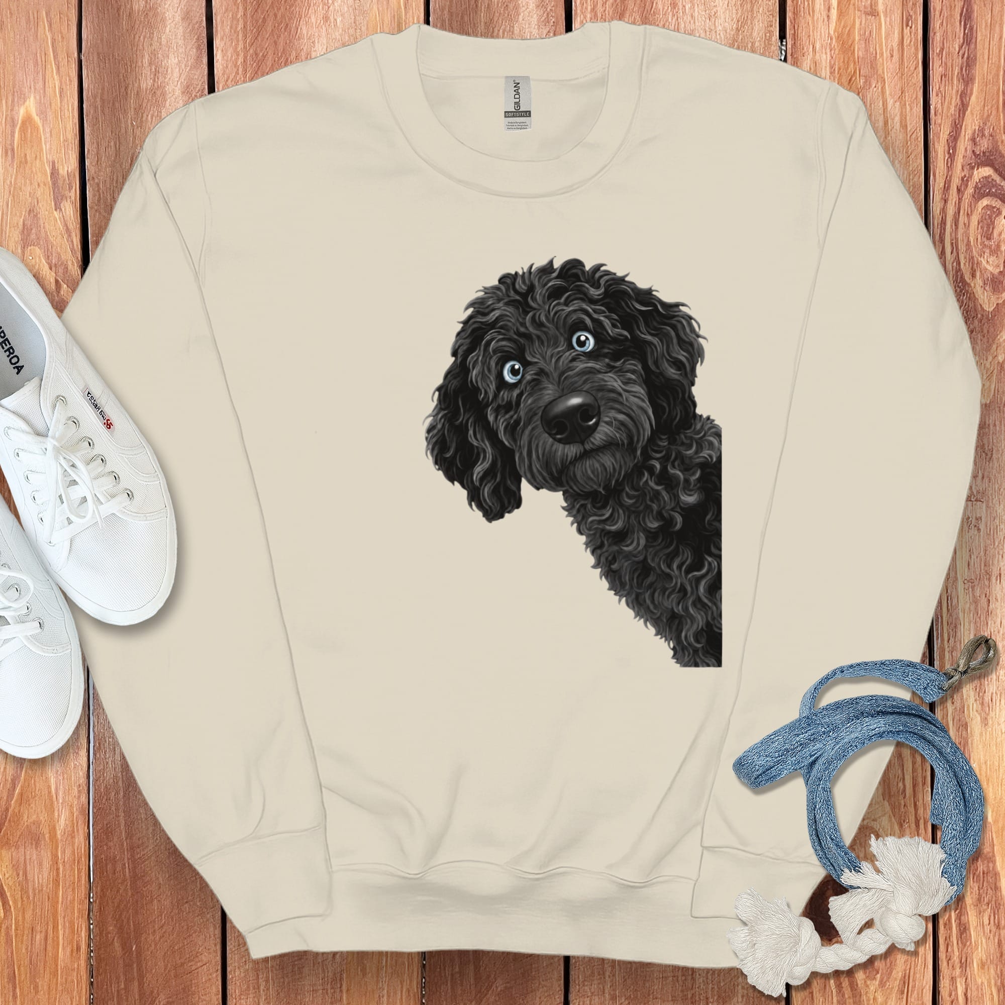 Funny Peeking Black-Blue Eyed Goldendoodle Sweatshirt in Sand / S by Puppy Jo