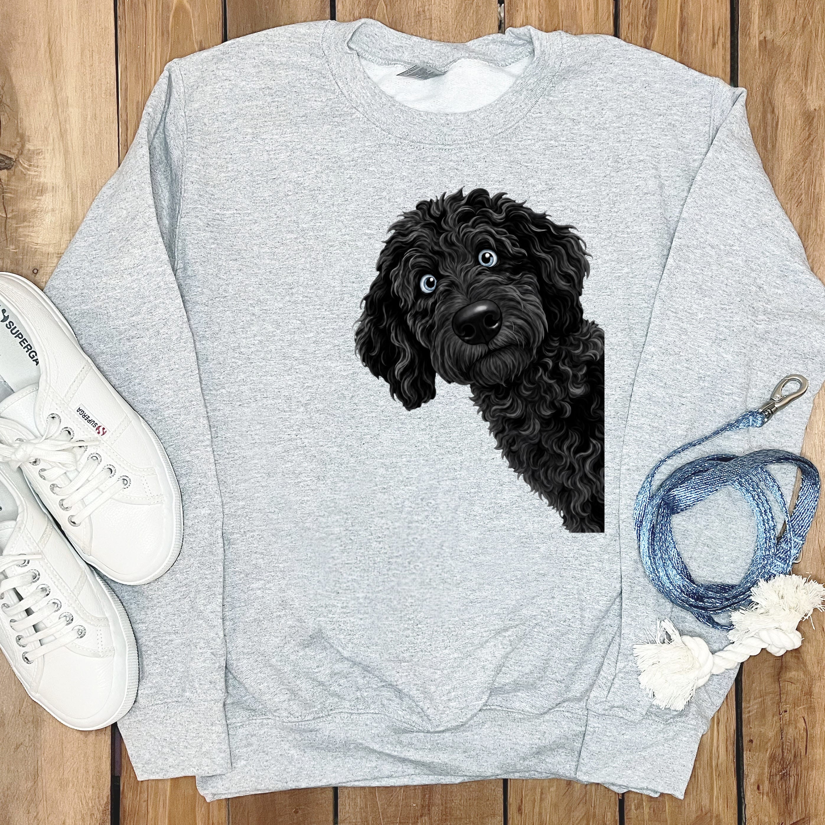 Funny Peeking Black-Blue Eyed Goldendoodle Sweatshirt in Sport Grey / S by Puppy Jo