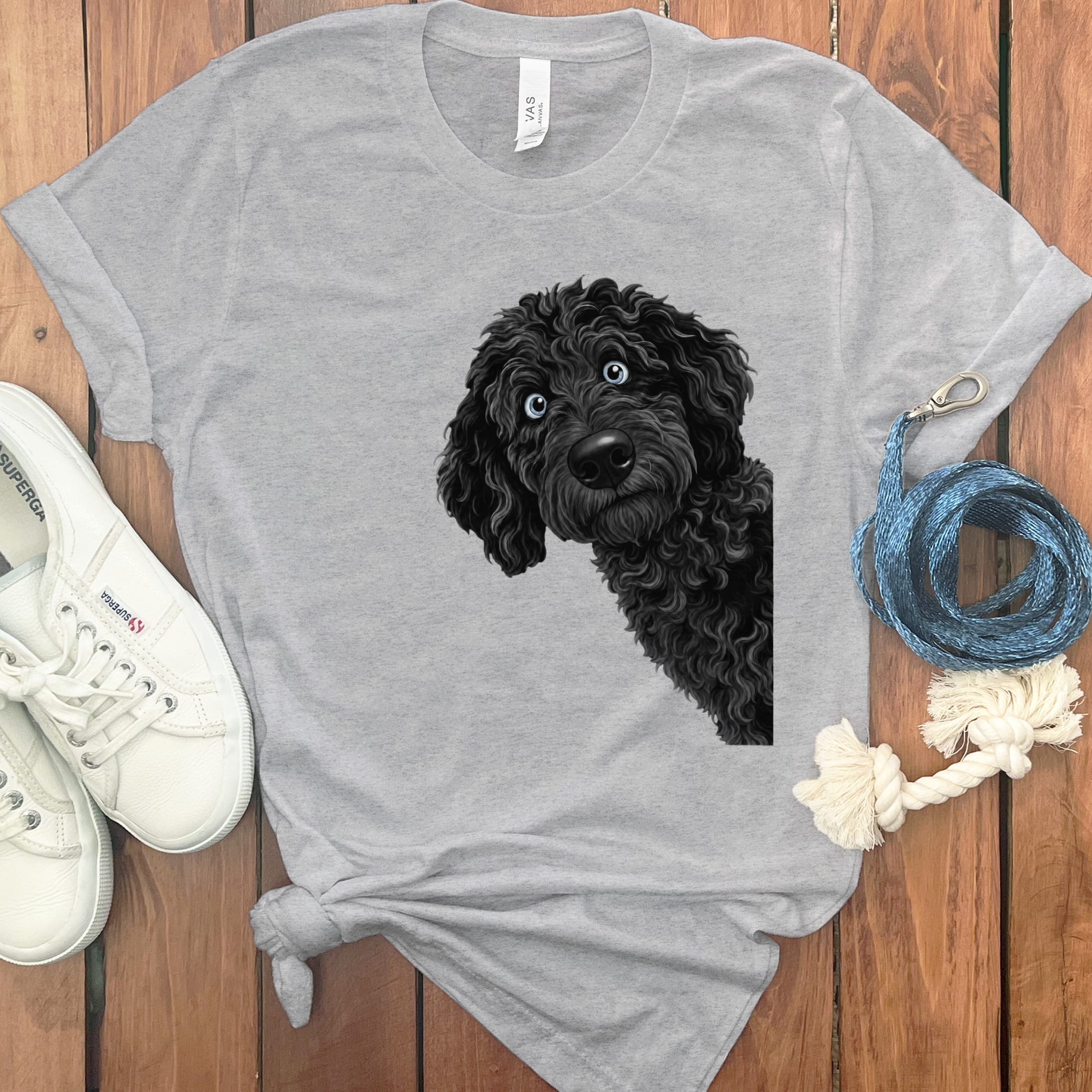 Funny Peeking Black-Blue Eyed Goldendoodle T-Shirt in Athletic Heather / S by Puppy Jo