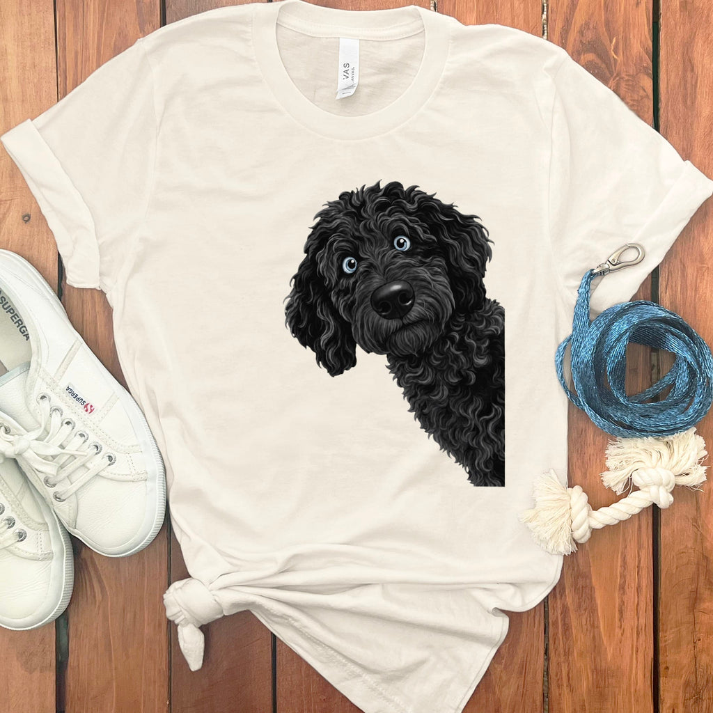Funny Peeking Black-Blue Eyed Goldendoodle T-Shirt in Natural / S by Puppy Jo