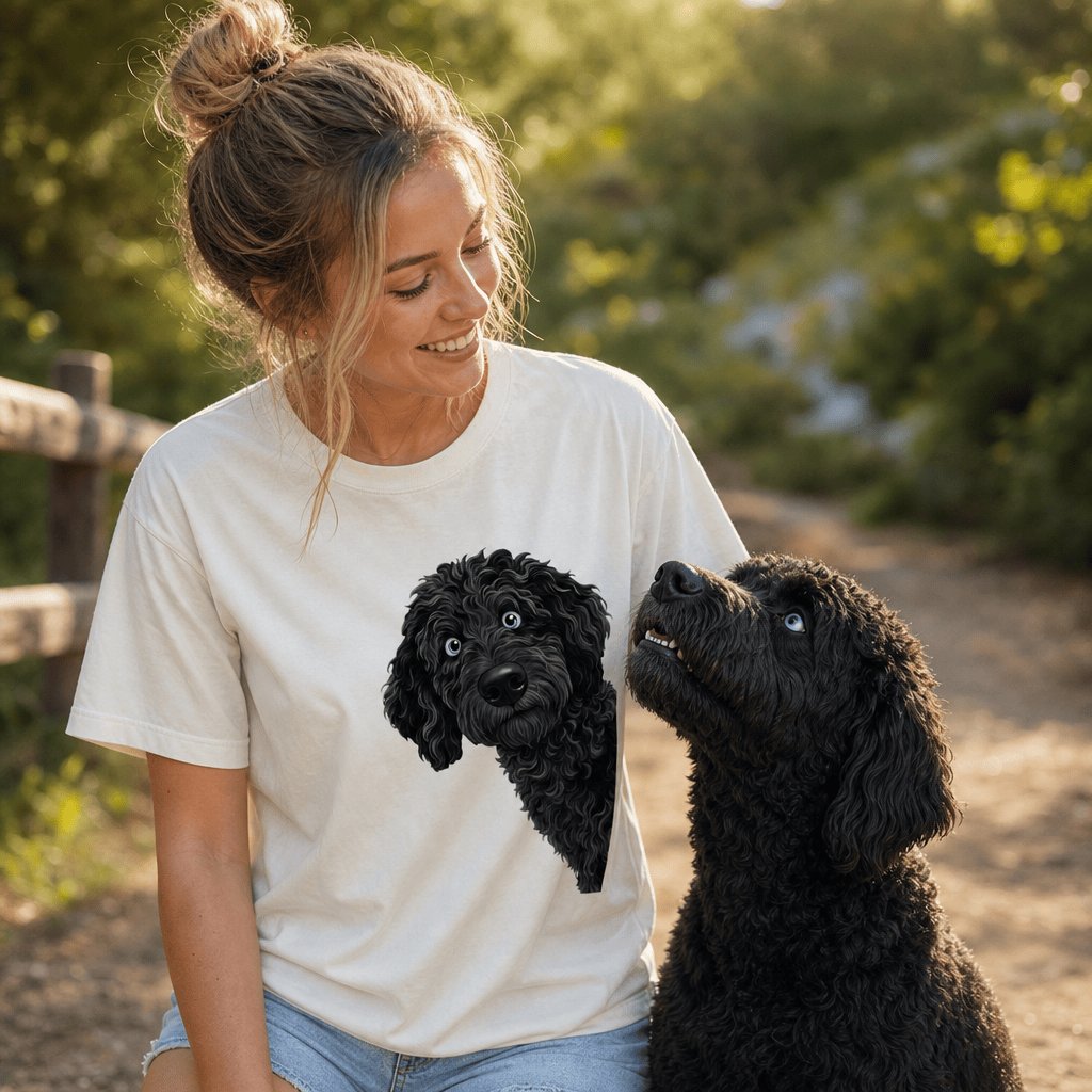 Funny Peeking Black-Blue Eyed Goldendoodle T-Shirt in by Puppy Jo
