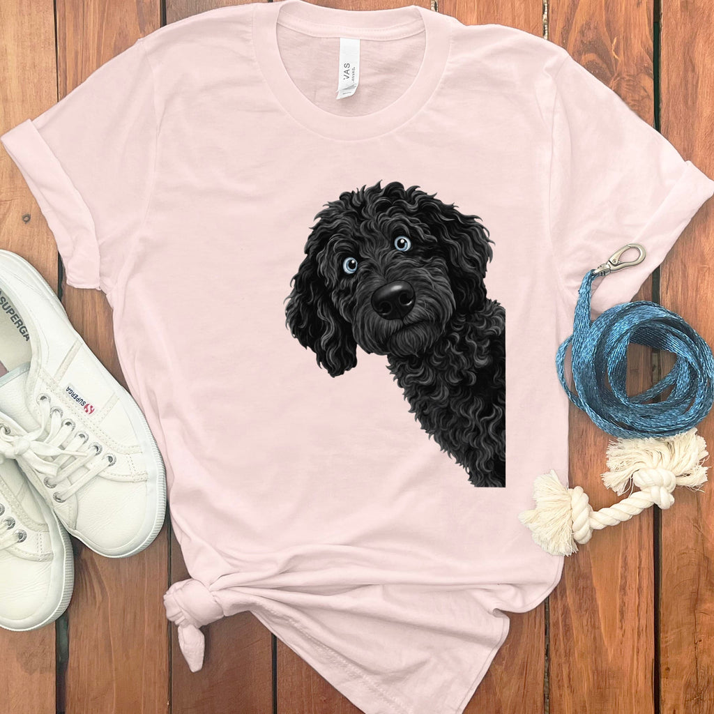 Funny Peeking Black-Blue Eyed Goldendoodle T-Shirt in Soft Pink / S by Puppy Jo