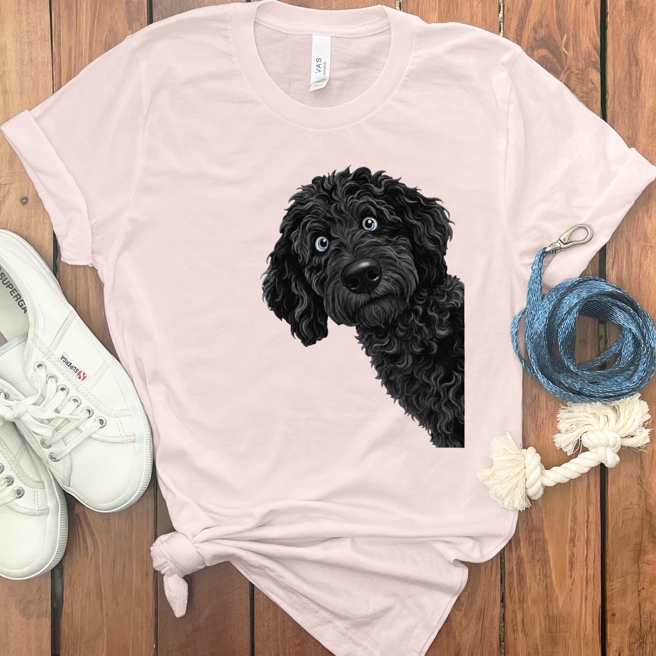 Funny Peeking Black-Blue Eyed Goldendoodle T-Shirt in Soft Pink / S by Puppy Jo