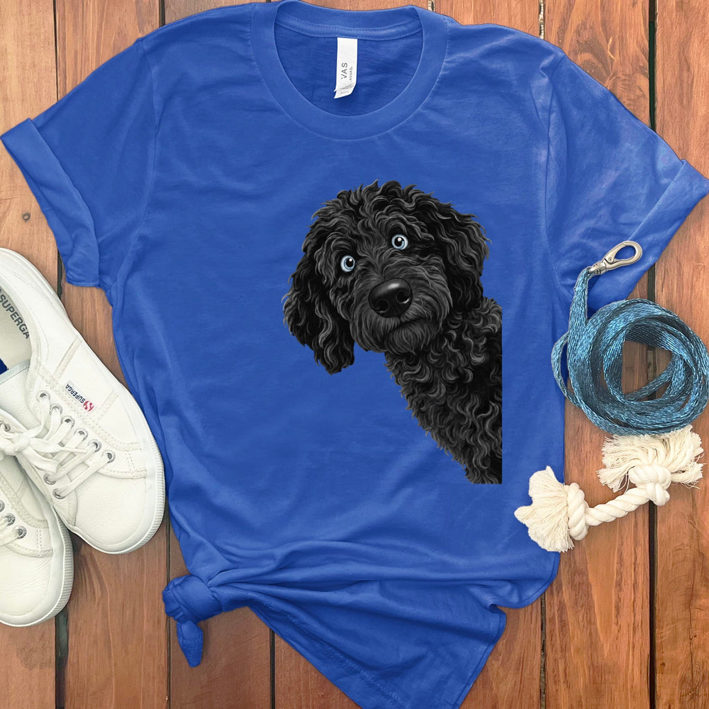 Funny Peeking Black-Blue Eyed Goldendoodle T-Shirt in True Royal / S by Puppy Jo