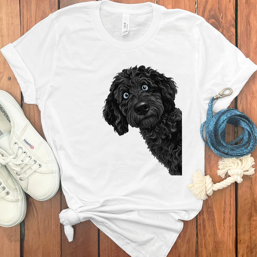 Funny Peeking Black-Blue Eyed Goldendoodle T-Shirt in White / S by Puppy Jo