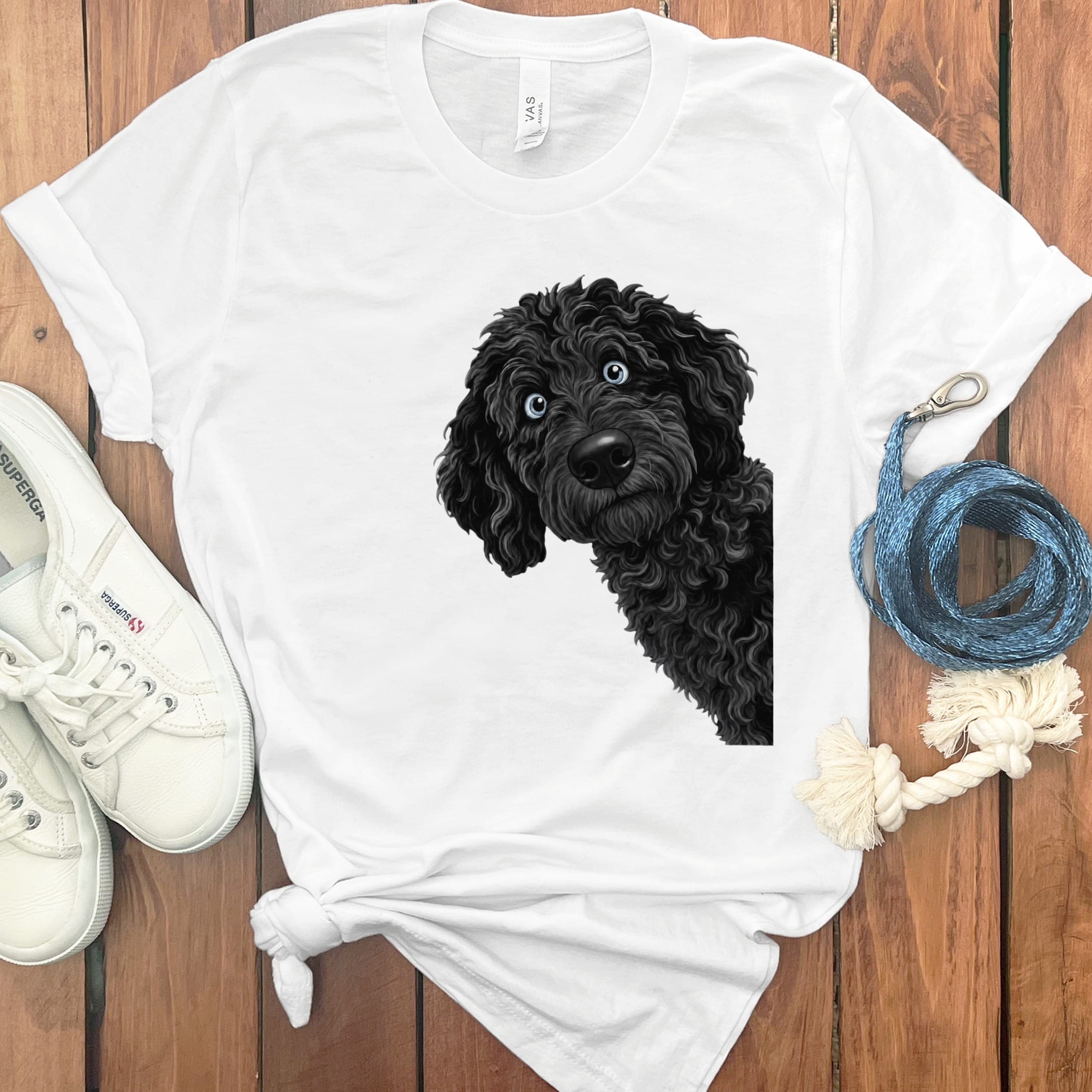 Funny Peeking Black-Blue Eyed Goldendoodle T-Shirt in White / S by Puppy Jo