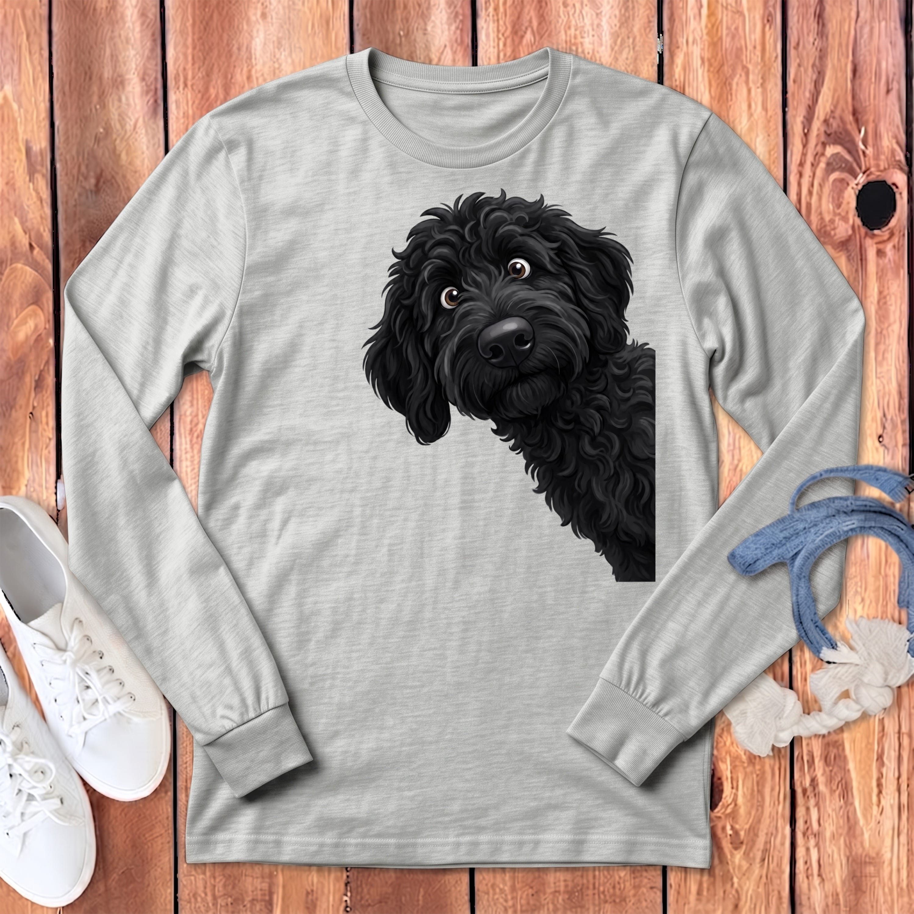 Funny Peeking Black Goldendoodle Long Sleeve T-Shirt in Athletic Heather / S by Puppy Jo