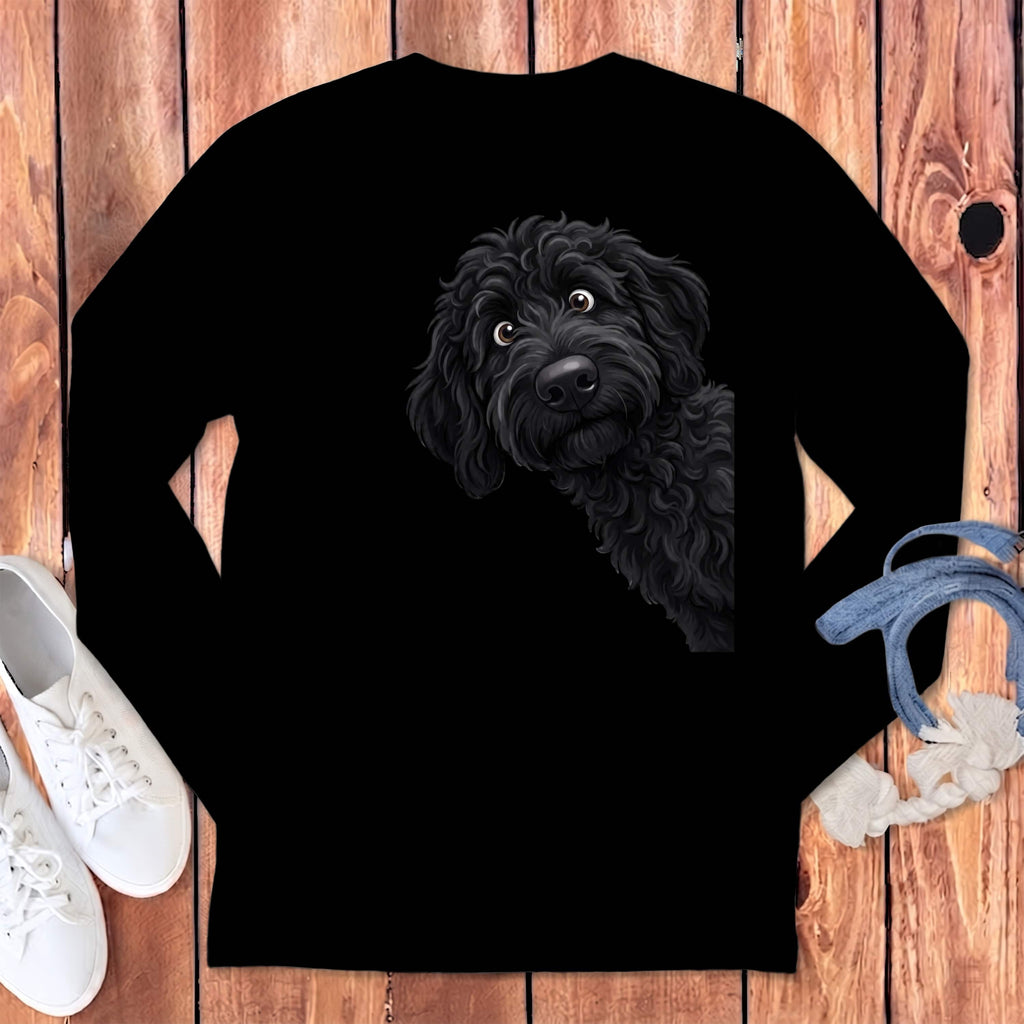Funny Peeking Black Goldendoodle Long Sleeve T-Shirt in Black / S by Puppy Jo