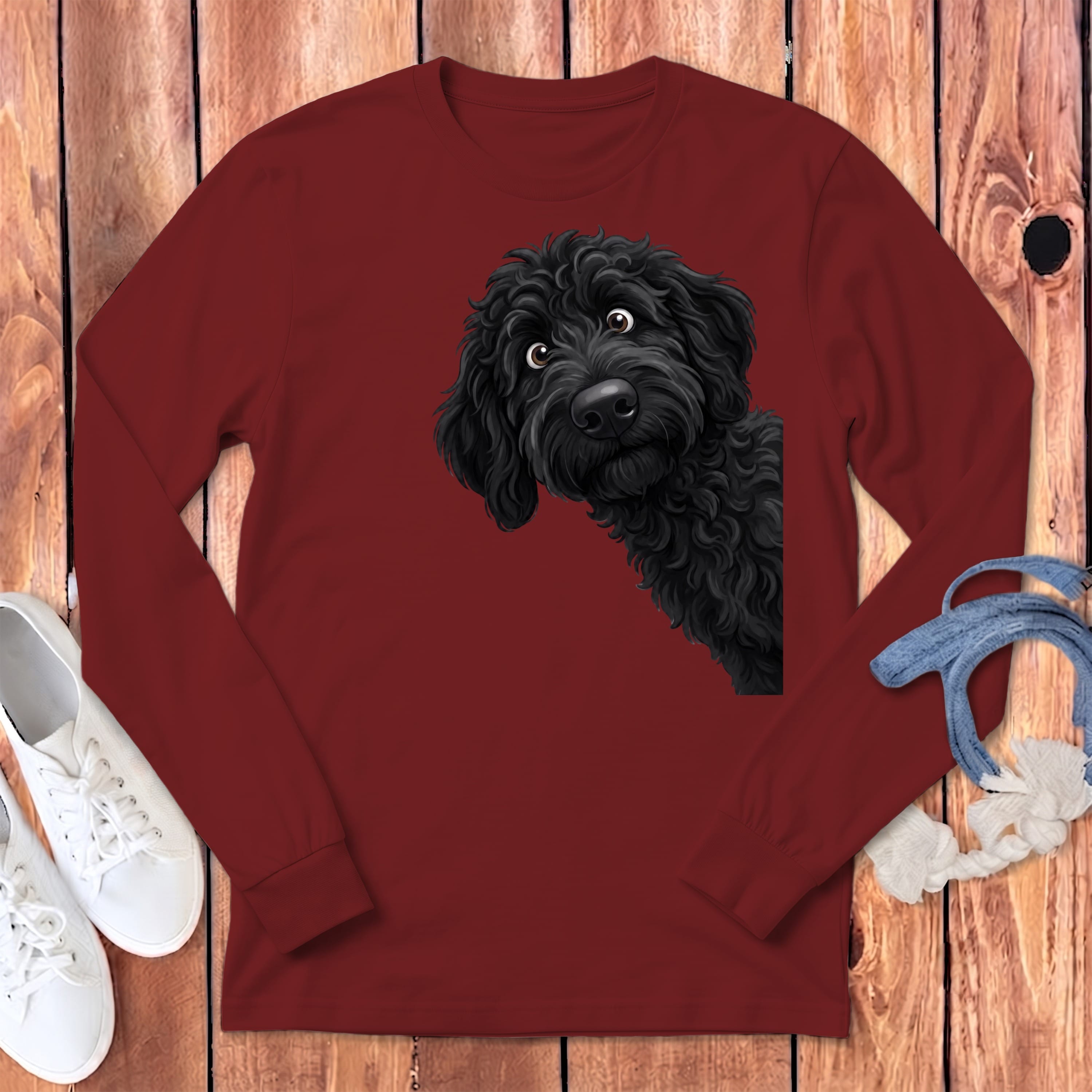 Funny Peeking Black Goldendoodle Long Sleeve T-Shirt in Cardinal / S by Puppy Jo
