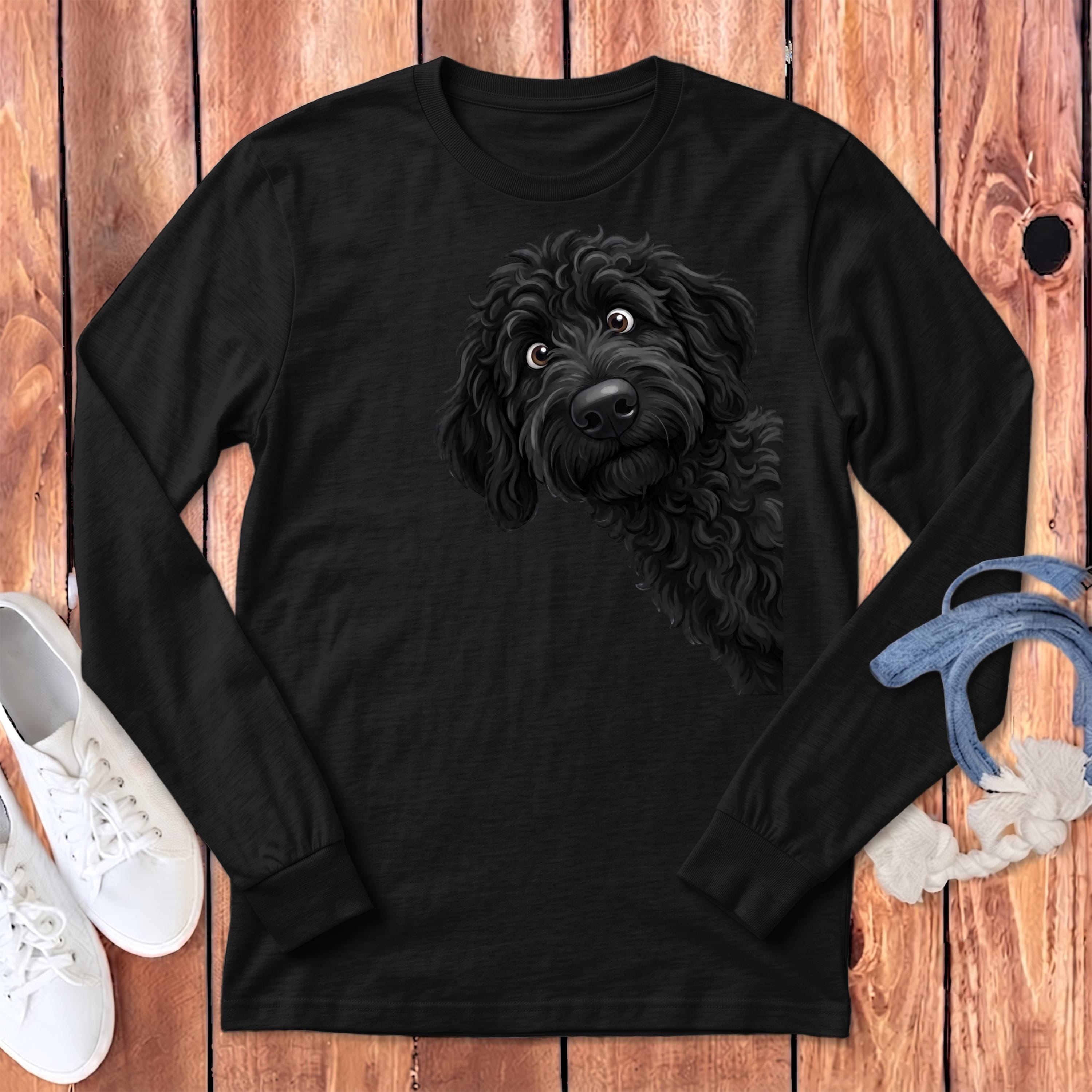 Funny Peeking Black Goldendoodle Long Sleeve T-Shirt in Dark Grey Heather / S by Puppy Jo