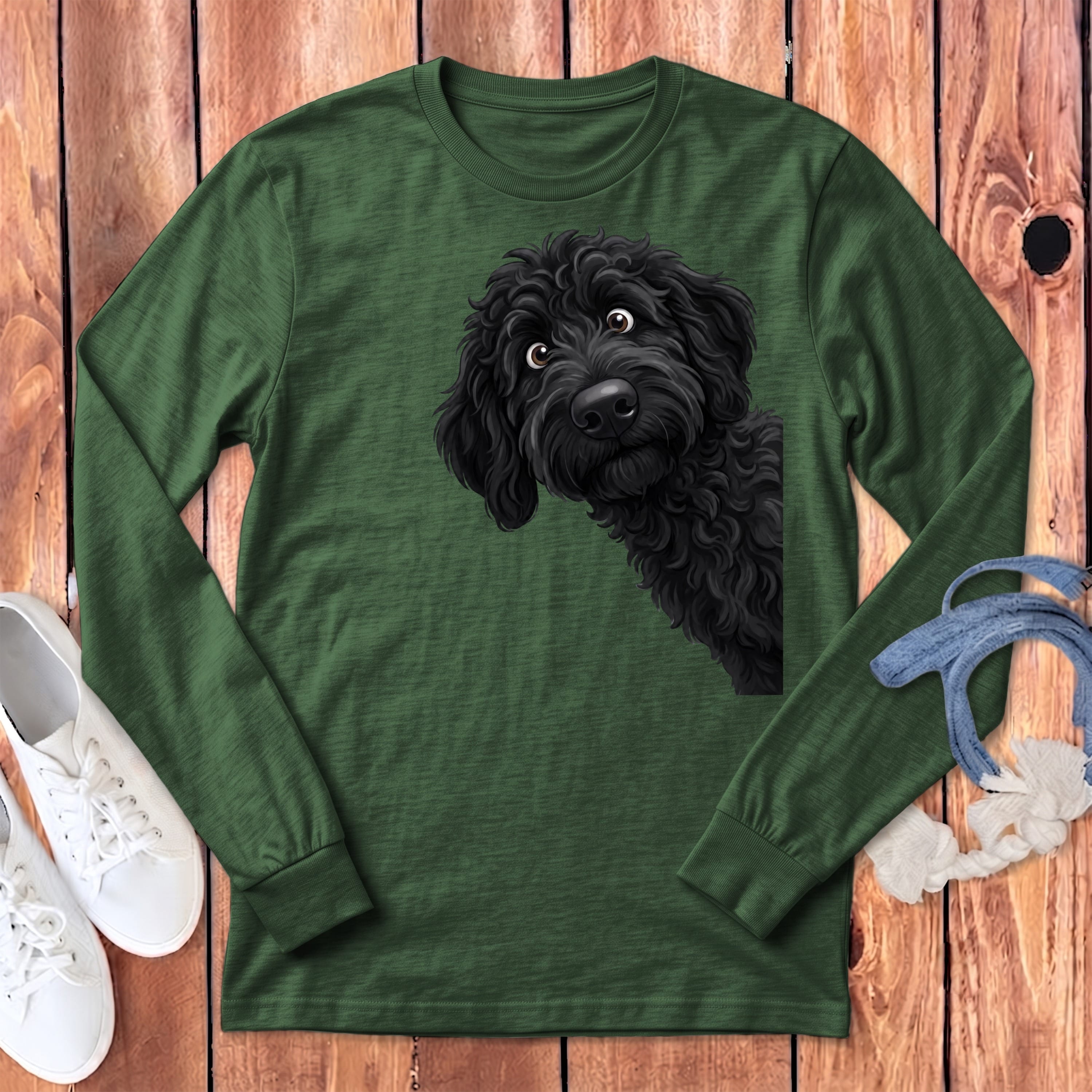 Funny Peeking Black Goldendoodle Long Sleeve T-Shirt in Heather Forest / S by Puppy Jo