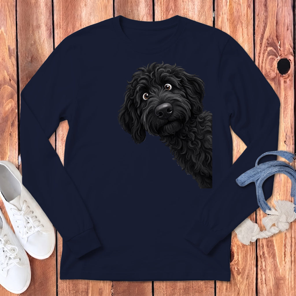 Funny Peeking Black Goldendoodle Long Sleeve T-Shirt in Navy / S by Puppy Jo