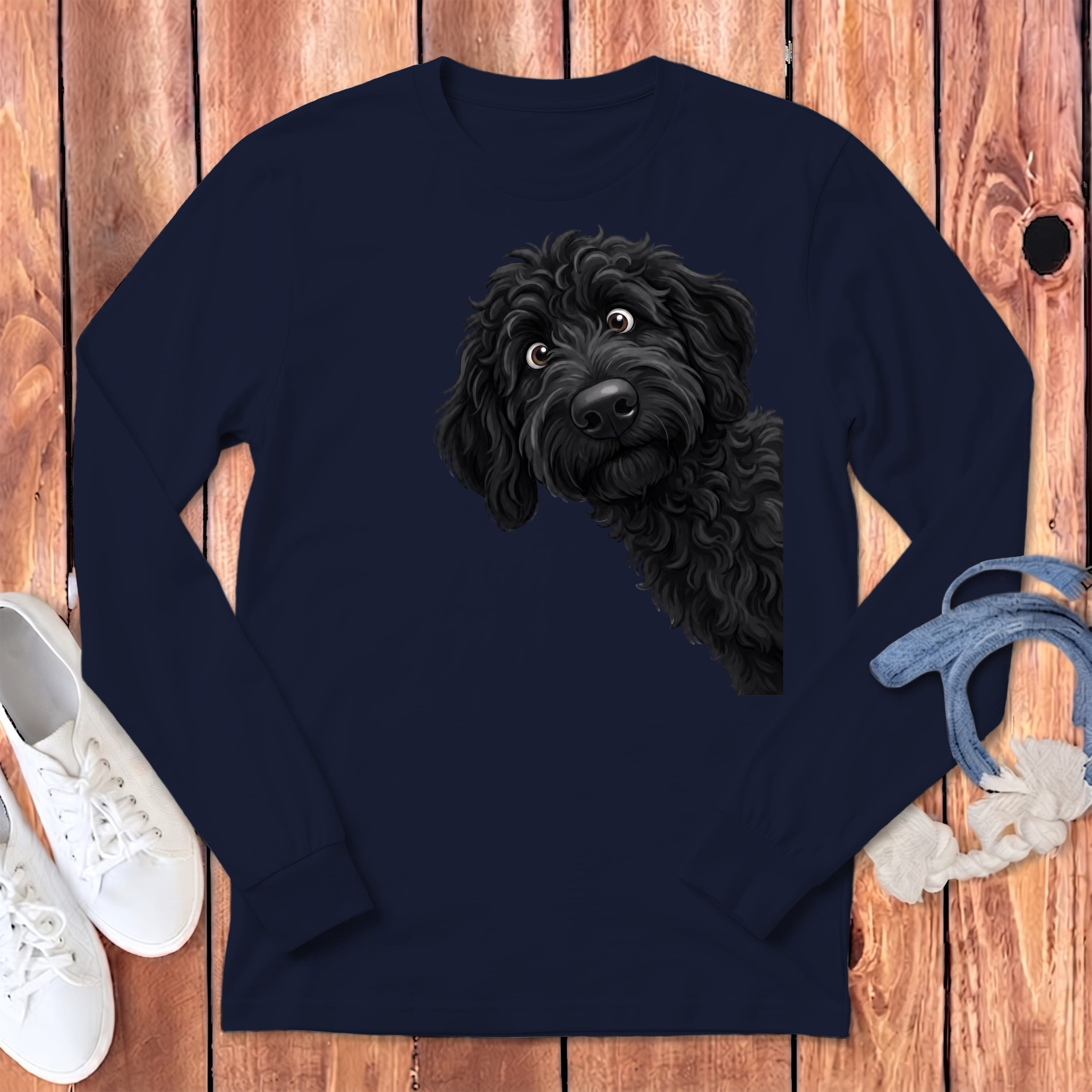 Funny Peeking Black Goldendoodle Long Sleeve T-Shirt in Navy / S by Puppy Jo