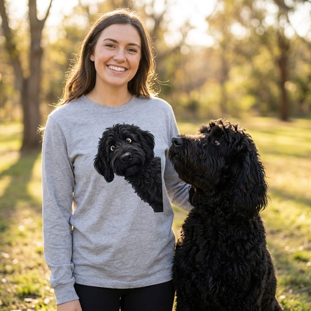 Funny Peeking Black Goldendoodle Long Sleeve T-Shirt in by Puppy Jo