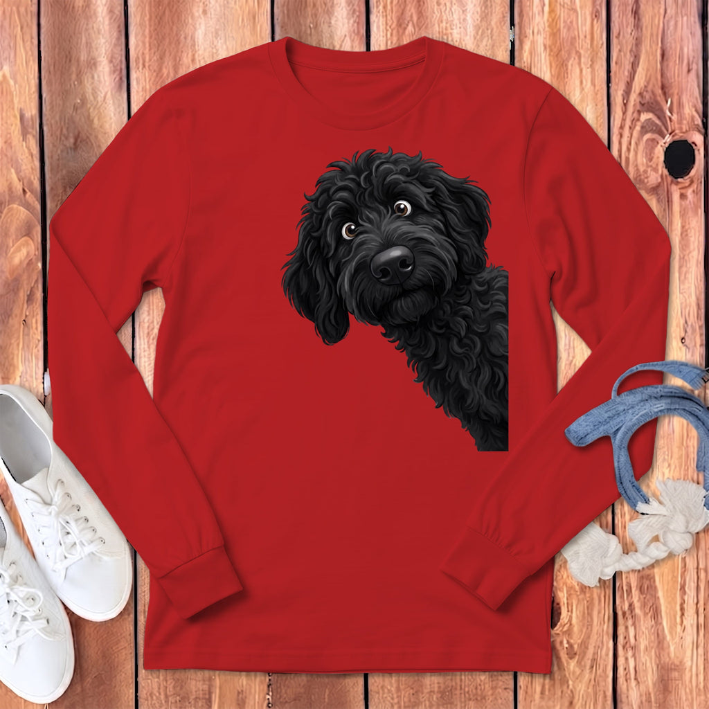 Funny Peeking Black Goldendoodle Long Sleeve T-Shirt in Red / S by Puppy Jo