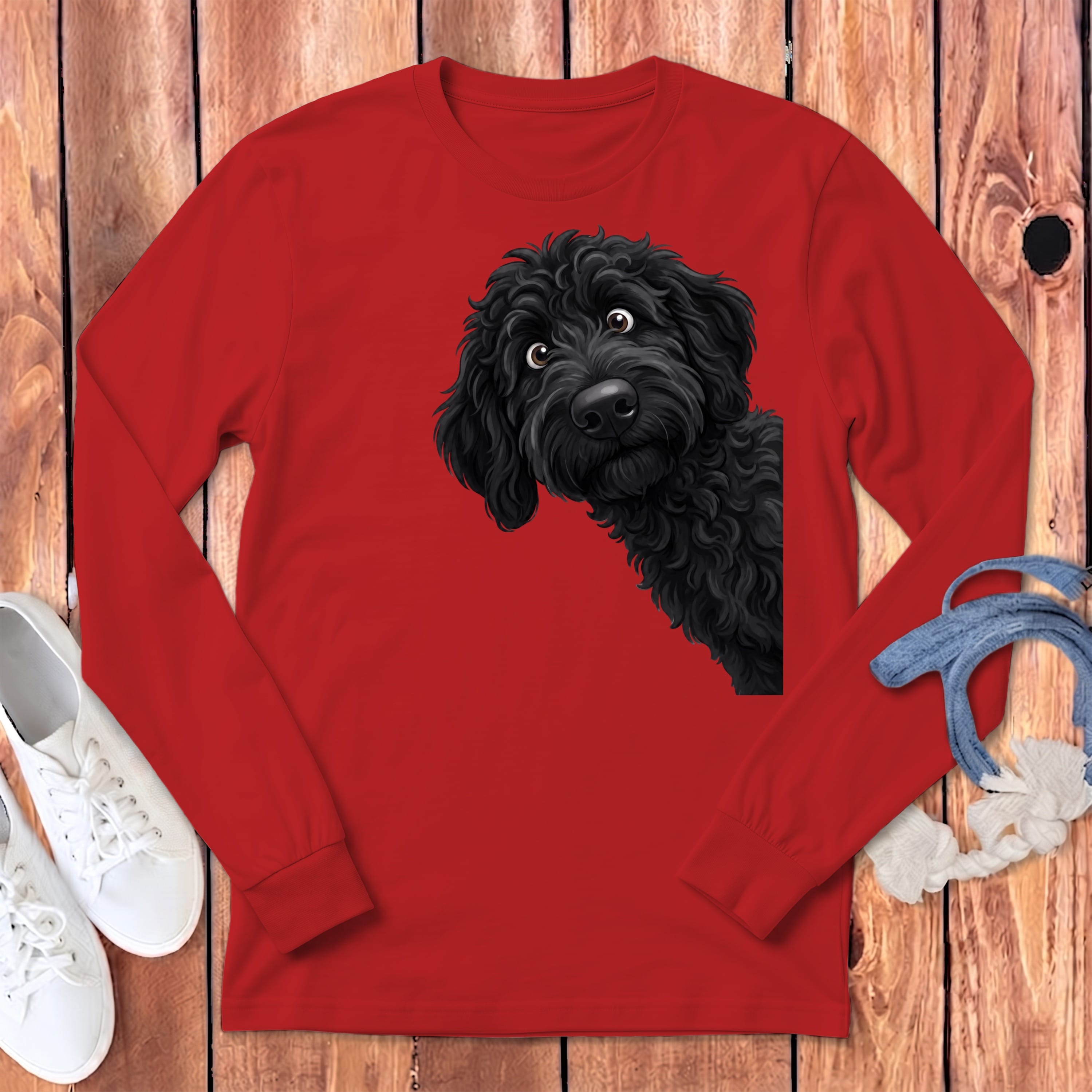 Funny Peeking Black Goldendoodle Long Sleeve T-Shirt in Red / S by Puppy Jo