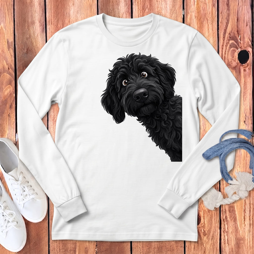 Funny Peeking Black Goldendoodle Long Sleeve T-Shirt in White / S by Puppy Jo