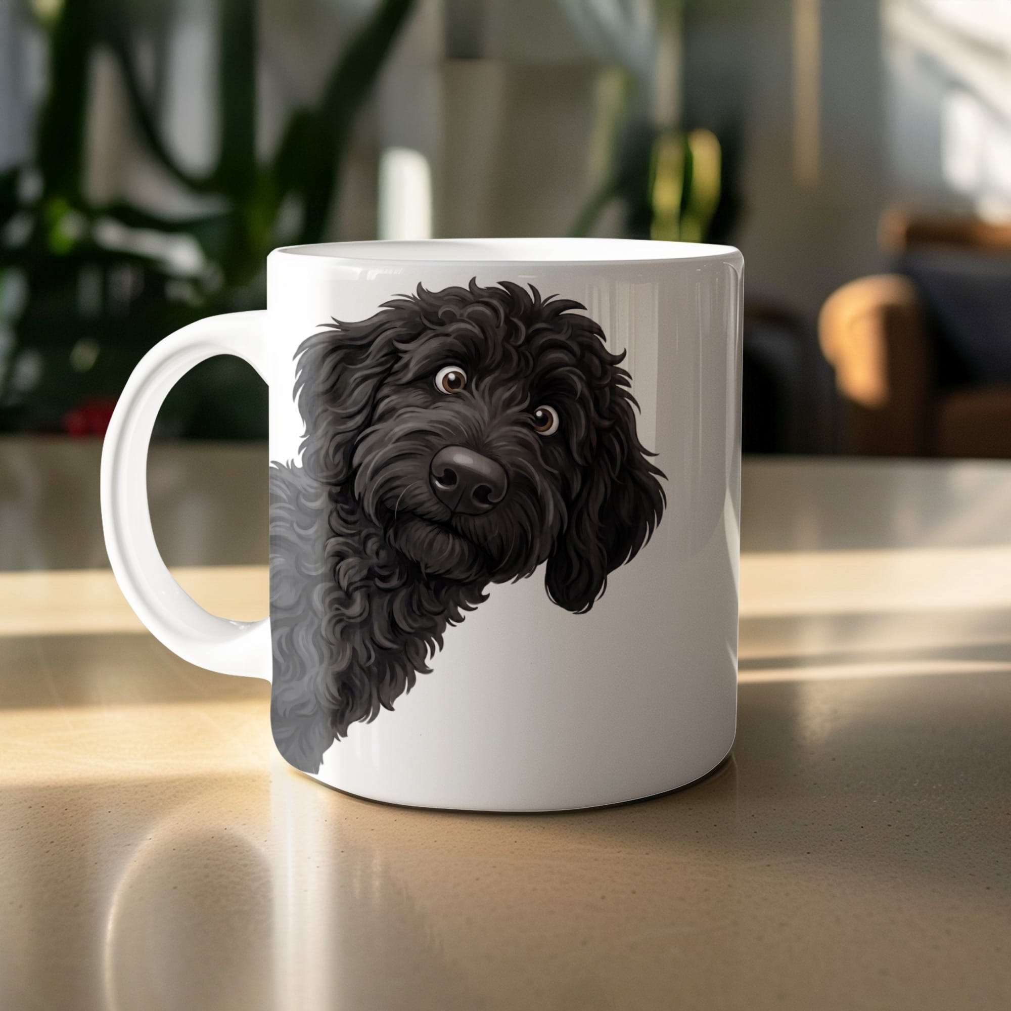Funny Peeking Black Goldendoodle Mug in by Puppy Jo