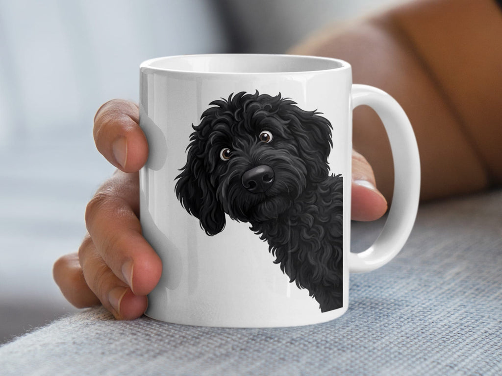 Funny Peeking Black Goldendoodle Mug in by Puppy Jo