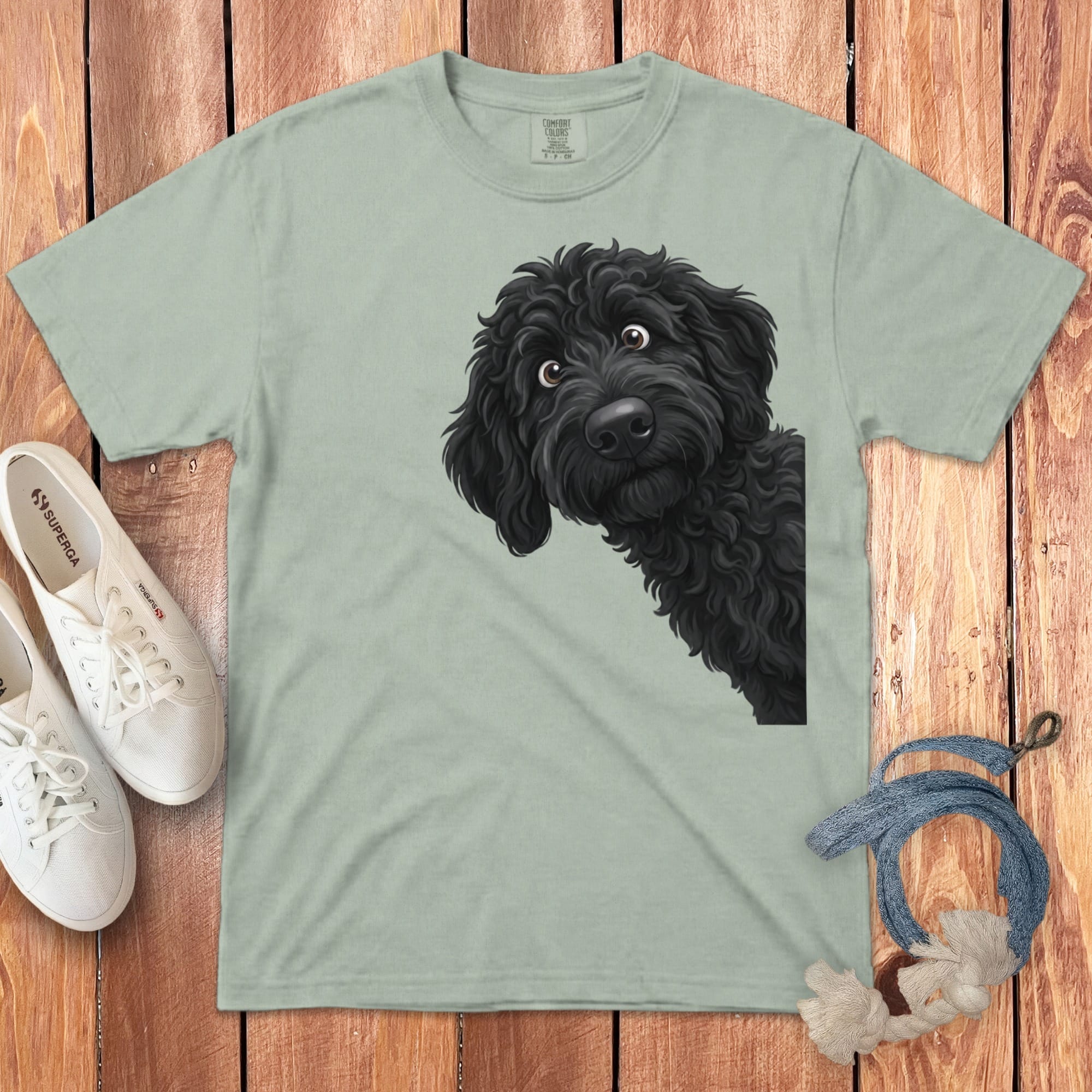 Funny Peeking Black Goldendoodle Signature T-Shirt in Bay / S by Puppy Jo