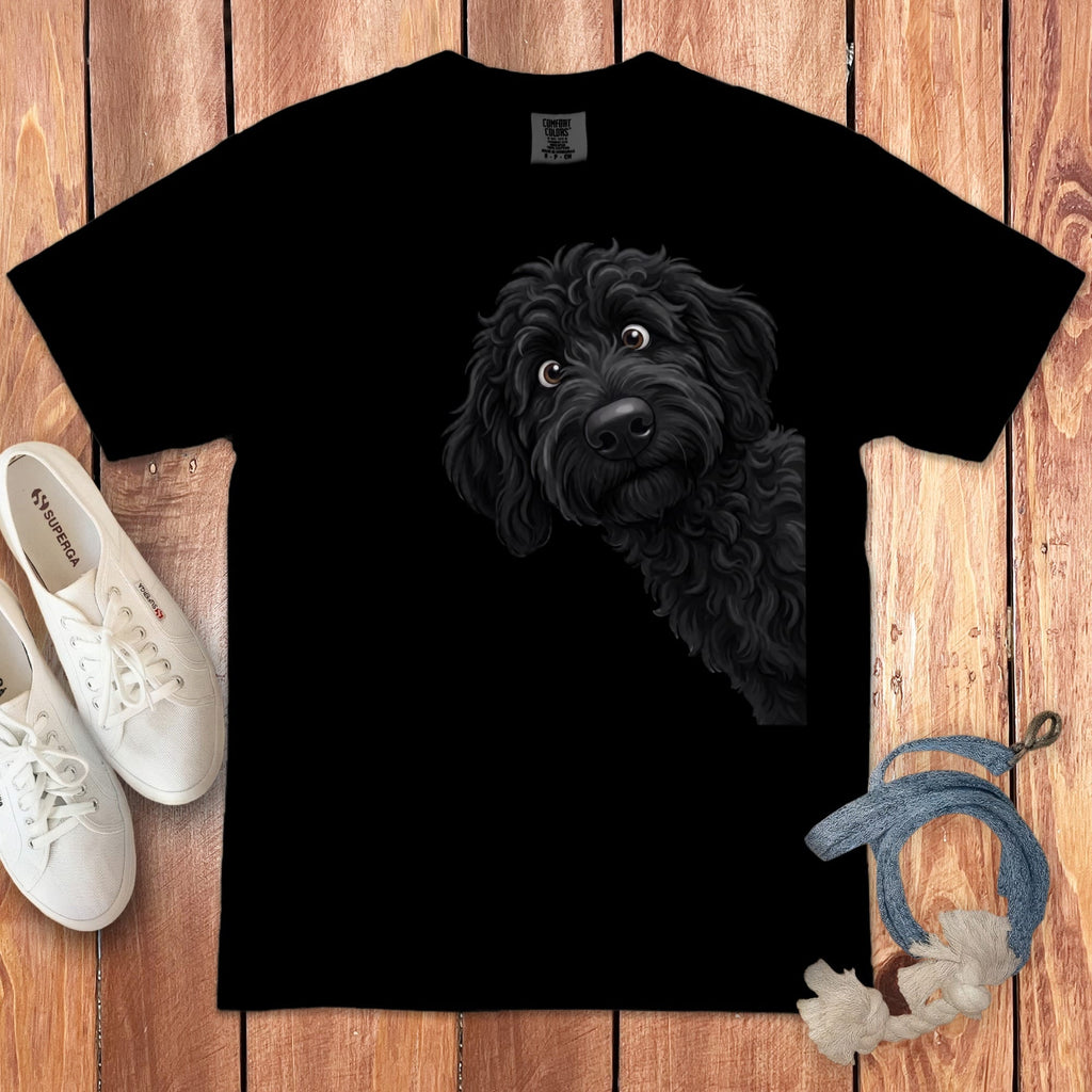 Funny Peeking Black Goldendoodle Signature T-Shirt in Black / S by Puppy Jo