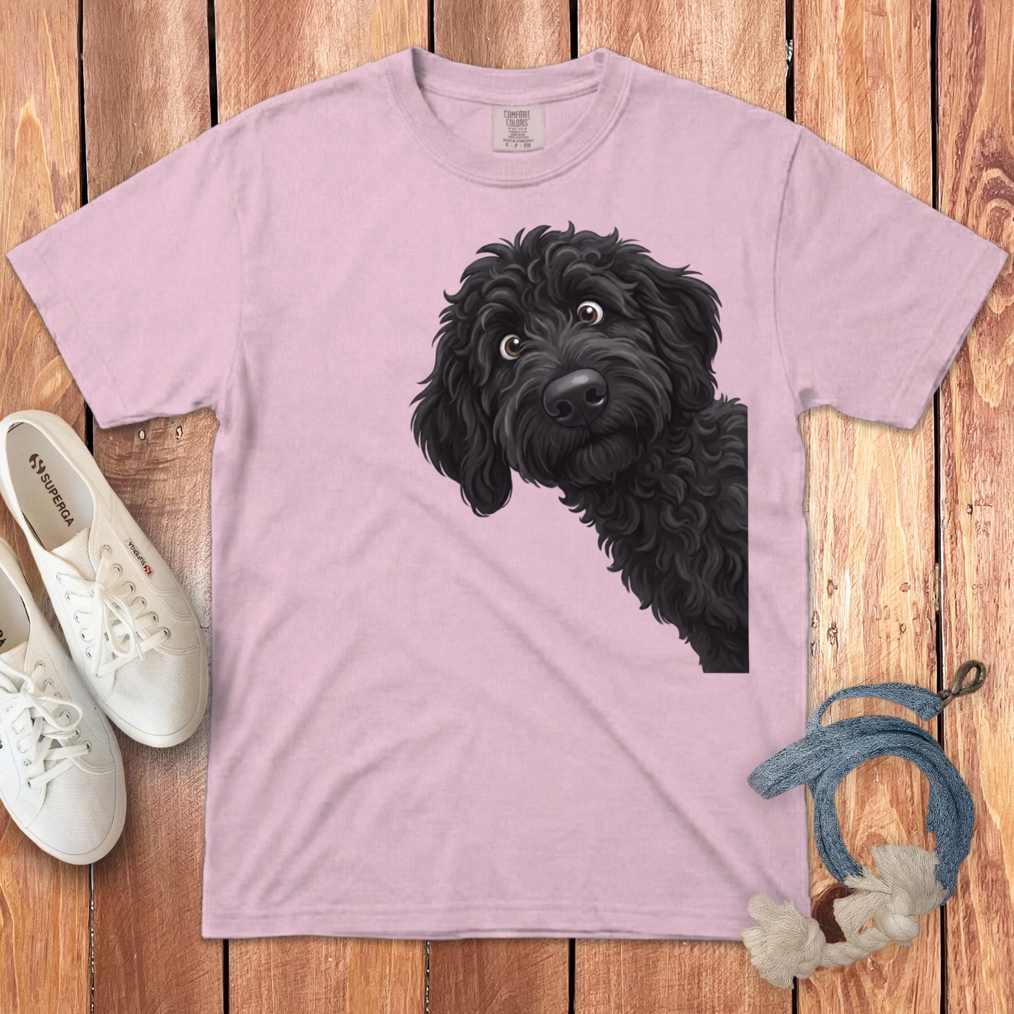 Funny Peeking Black Goldendoodle Signature T-Shirt in Blossom / S by Puppy Jo