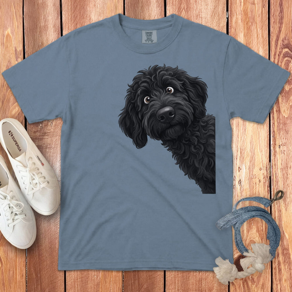 Funny Peeking Black Goldendoodle Signature T-Shirt in Blue Jean / S by Puppy Jo