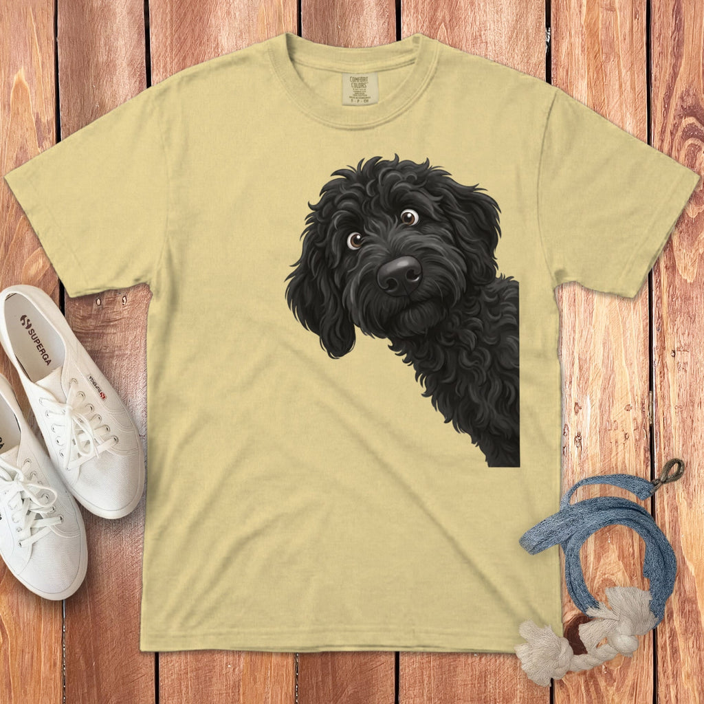 Funny Peeking Black Goldendoodle Signature T-Shirt in Butter / S by Puppy Jo