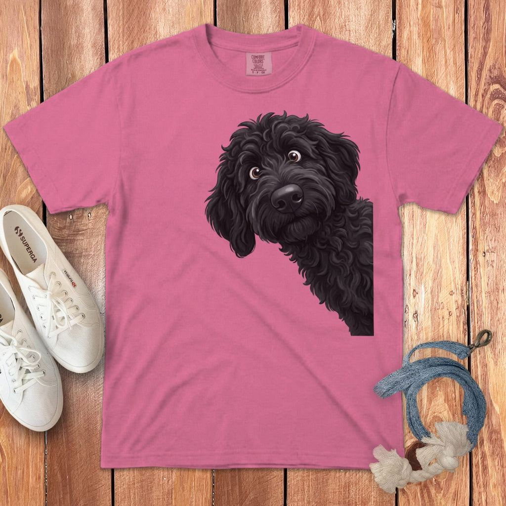 Funny Peeking Black Goldendoodle Signature T-Shirt in Crunchberry / S by Puppy Jo