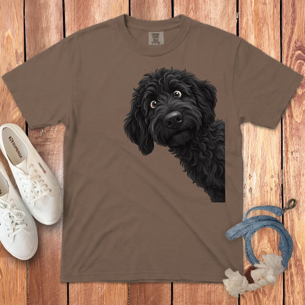 Funny Peeking Black Goldendoodle Signature T-Shirt in Espresso / S by Puppy Jo