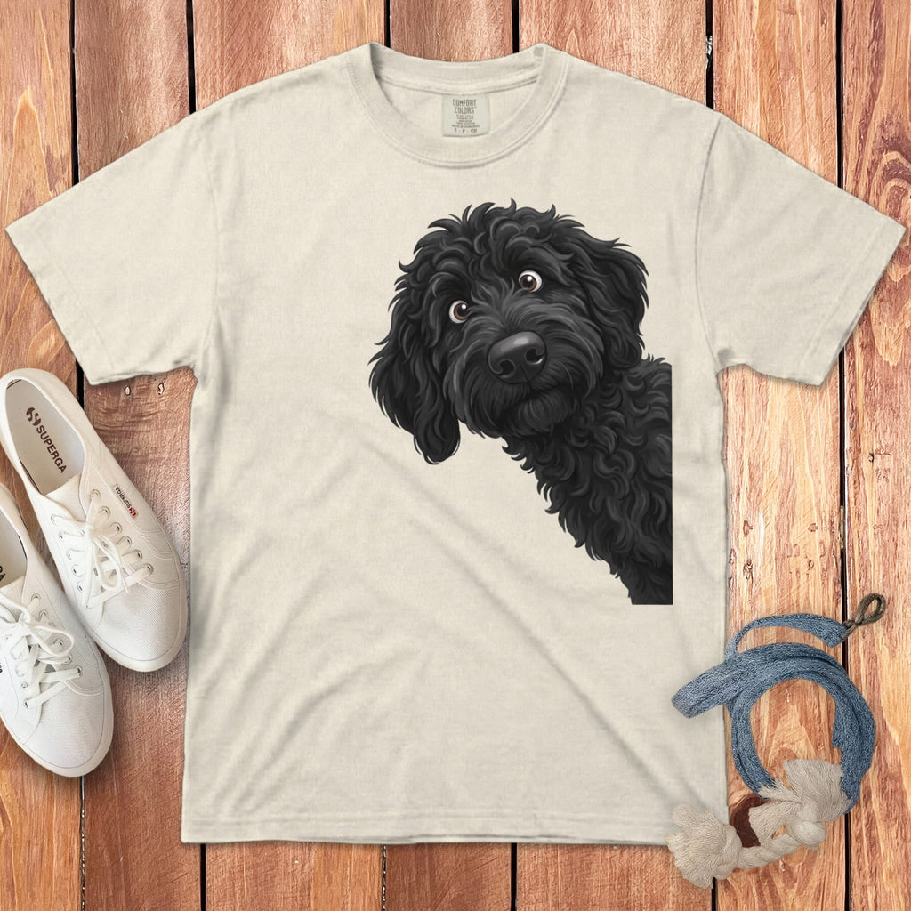 Funny Peeking Black Goldendoodle Signature T-Shirt in Ivory / S by Puppy Jo