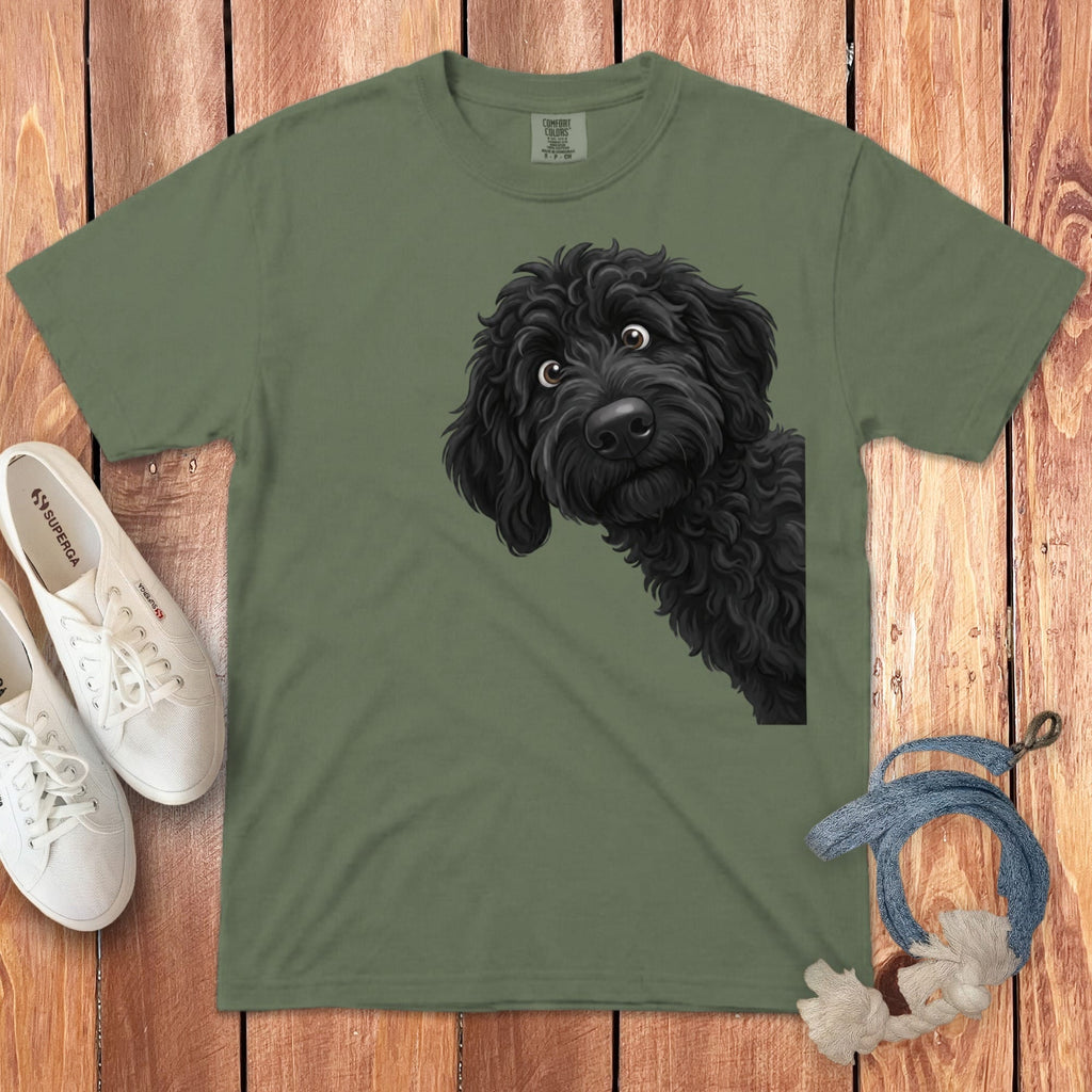 Funny Peeking Black Goldendoodle Signature T-Shirt in Moss / S by Puppy Jo