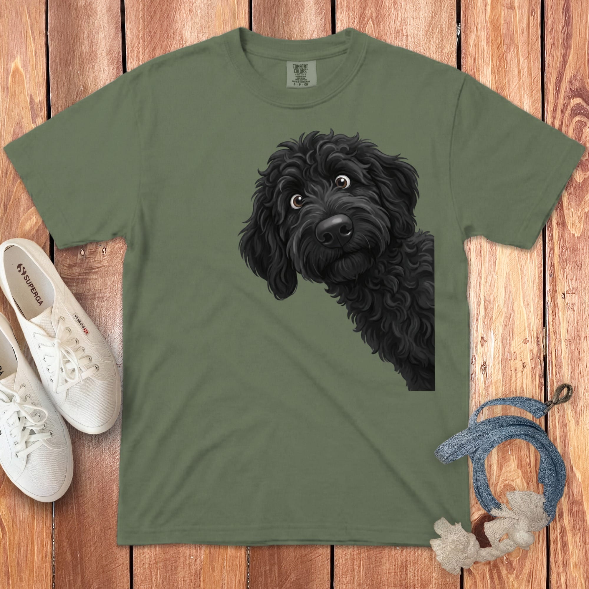 Funny Peeking Black Goldendoodle Signature T-Shirt in Moss / S by Puppy Jo