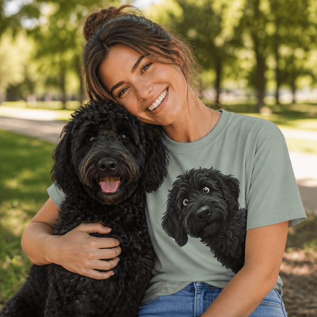 Funny Peeking Black Goldendoodle Signature T-Shirt in by Puppy Jo