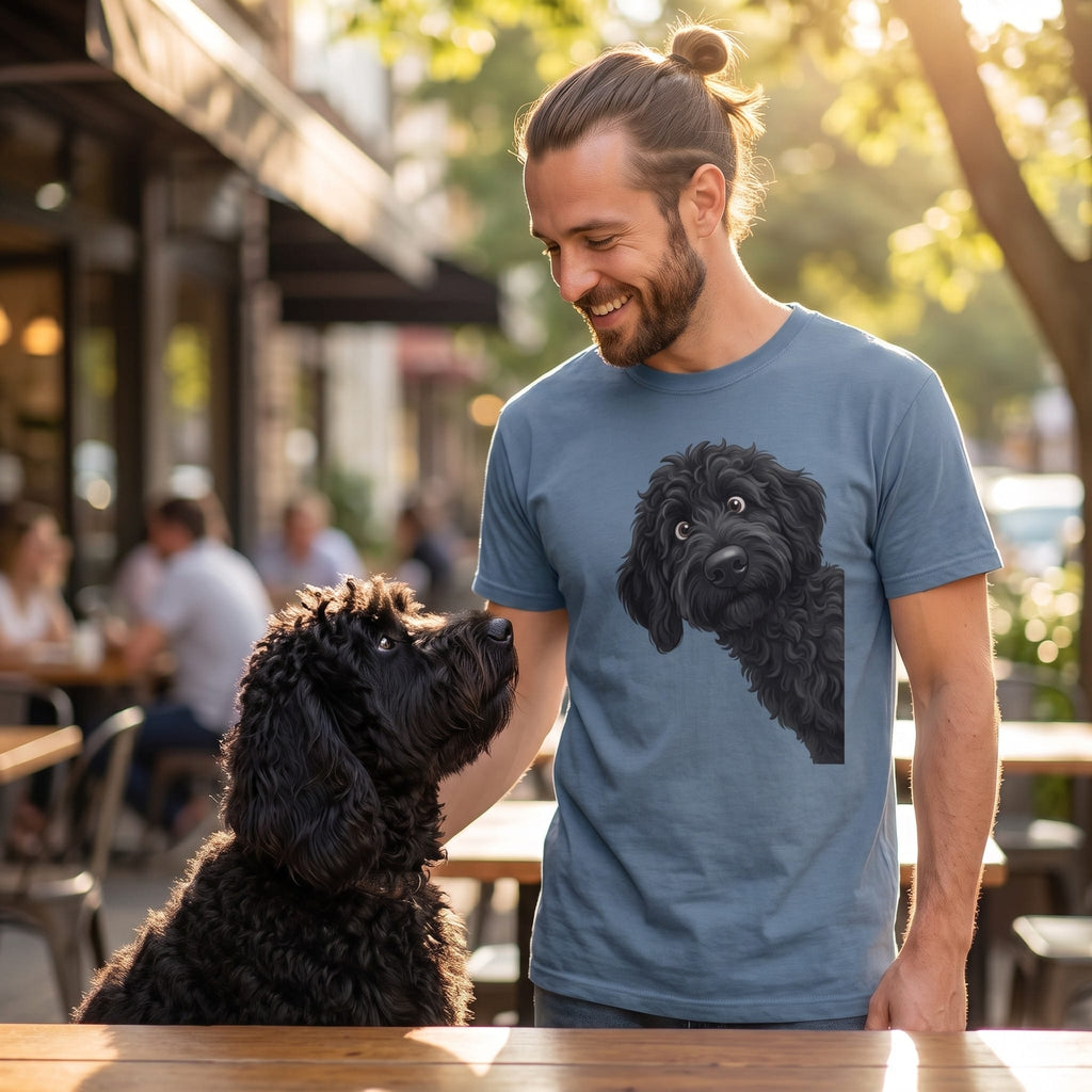 Funny Peeking Black Goldendoodle Signature T-Shirt in by Puppy Jo